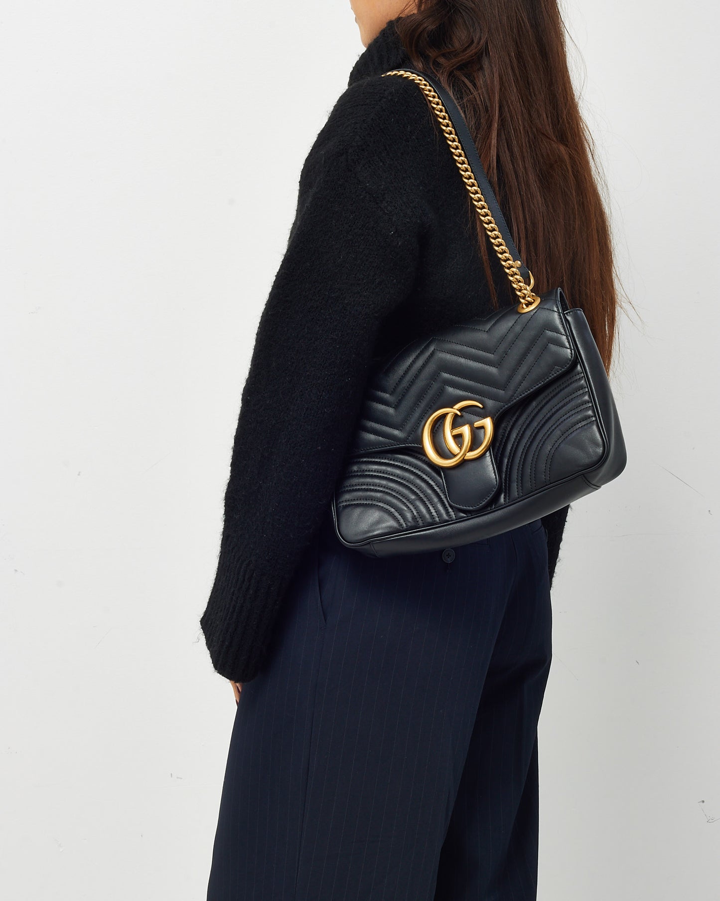 Gucci Black Matelassé Leather Medium GG Marmont Shoulder Bag