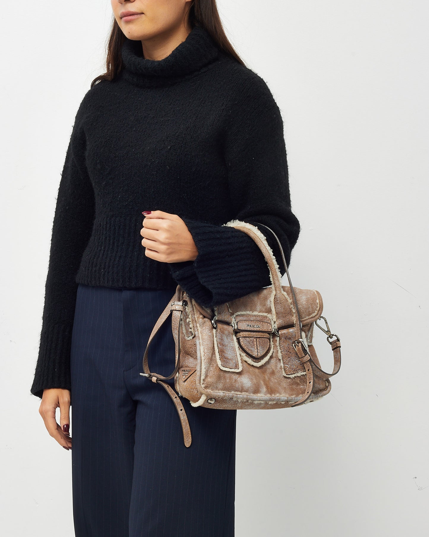 Prada Brown Suede and Shearling Buckle 2way Top Handle Bag with Strap