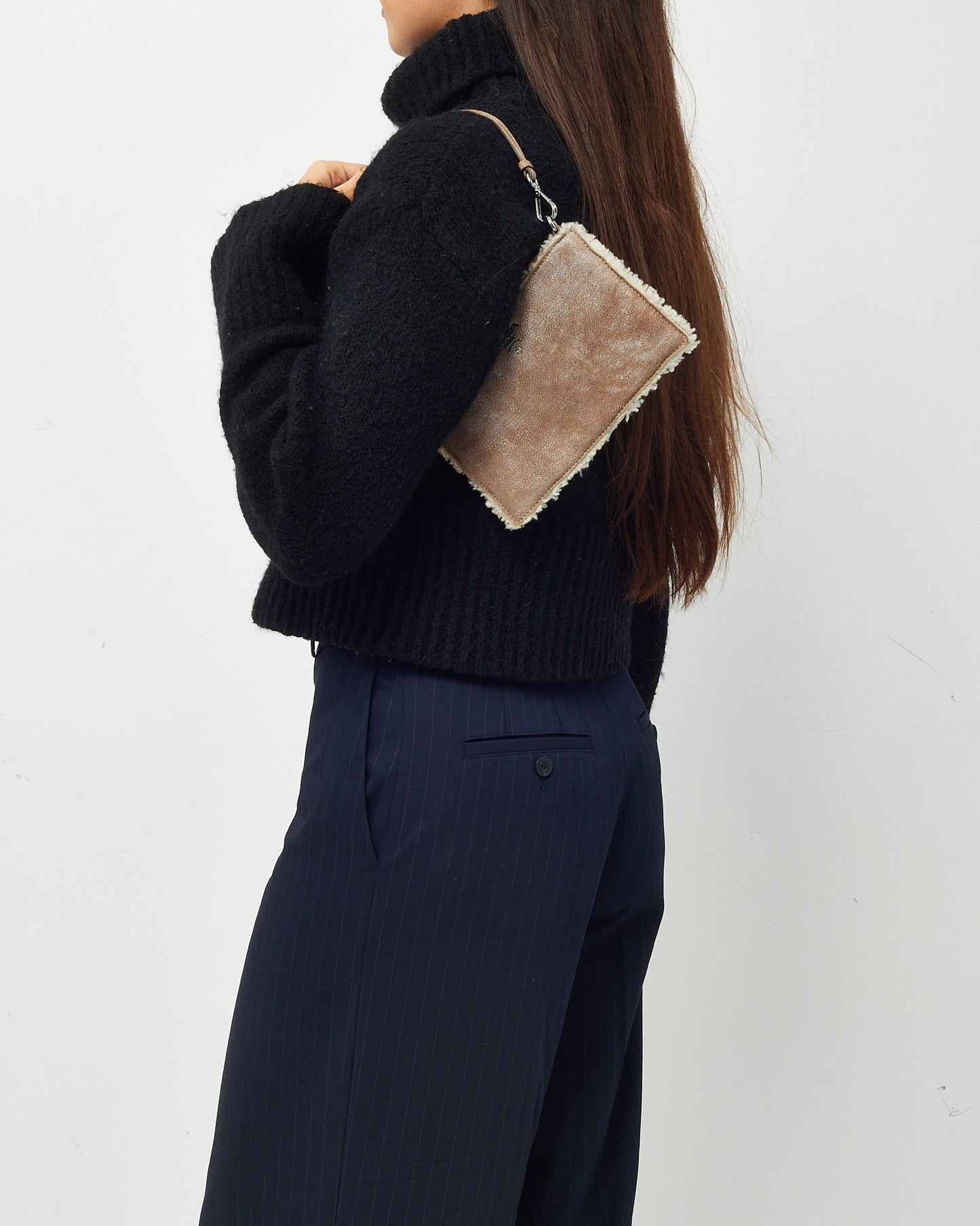 Prada Brown Suede and Shearling Pochette Shoulder Bag