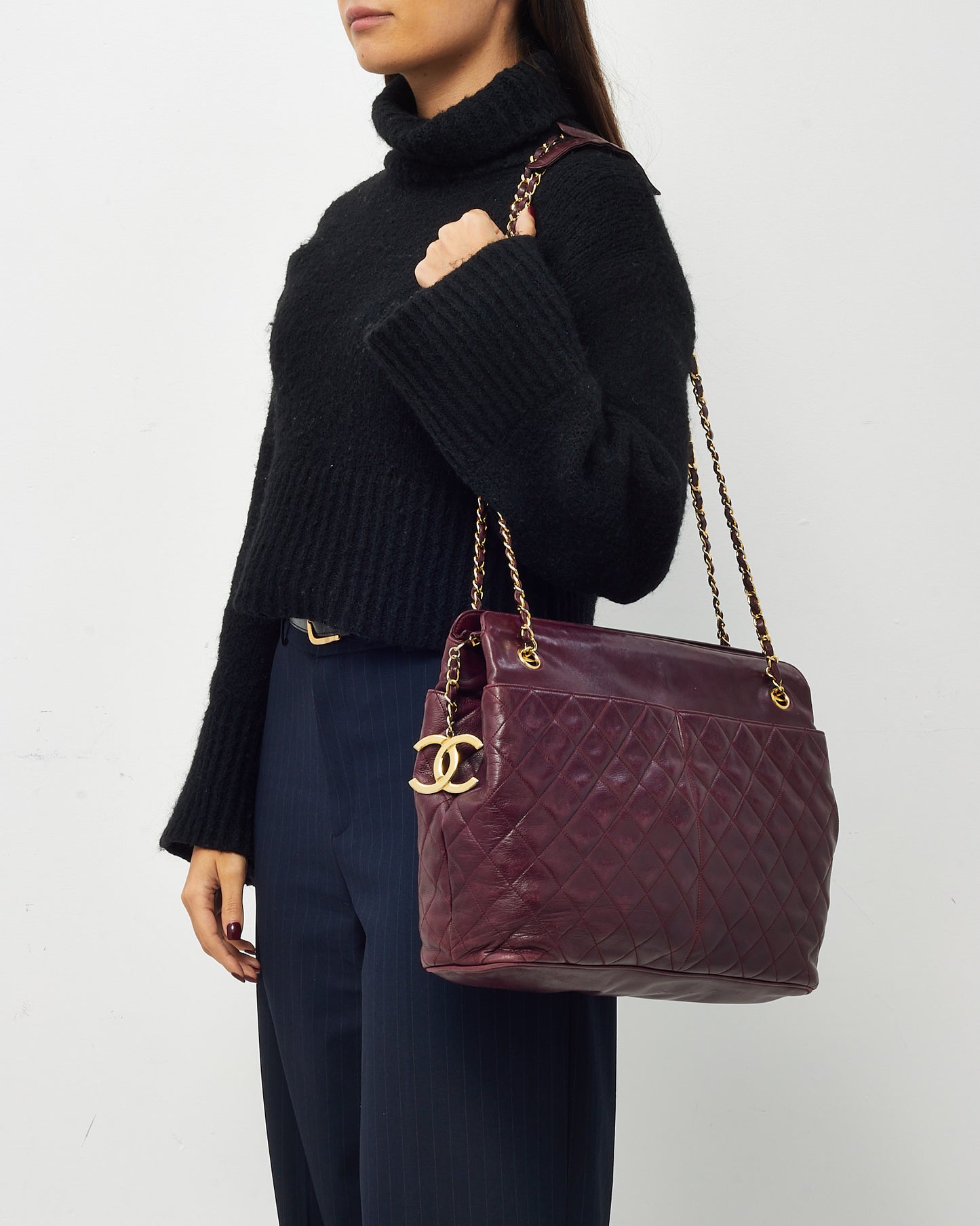 Chanel Vintage Burgundy Quilted Calfskin Leather CC Charm Chain Tote Bag GHW