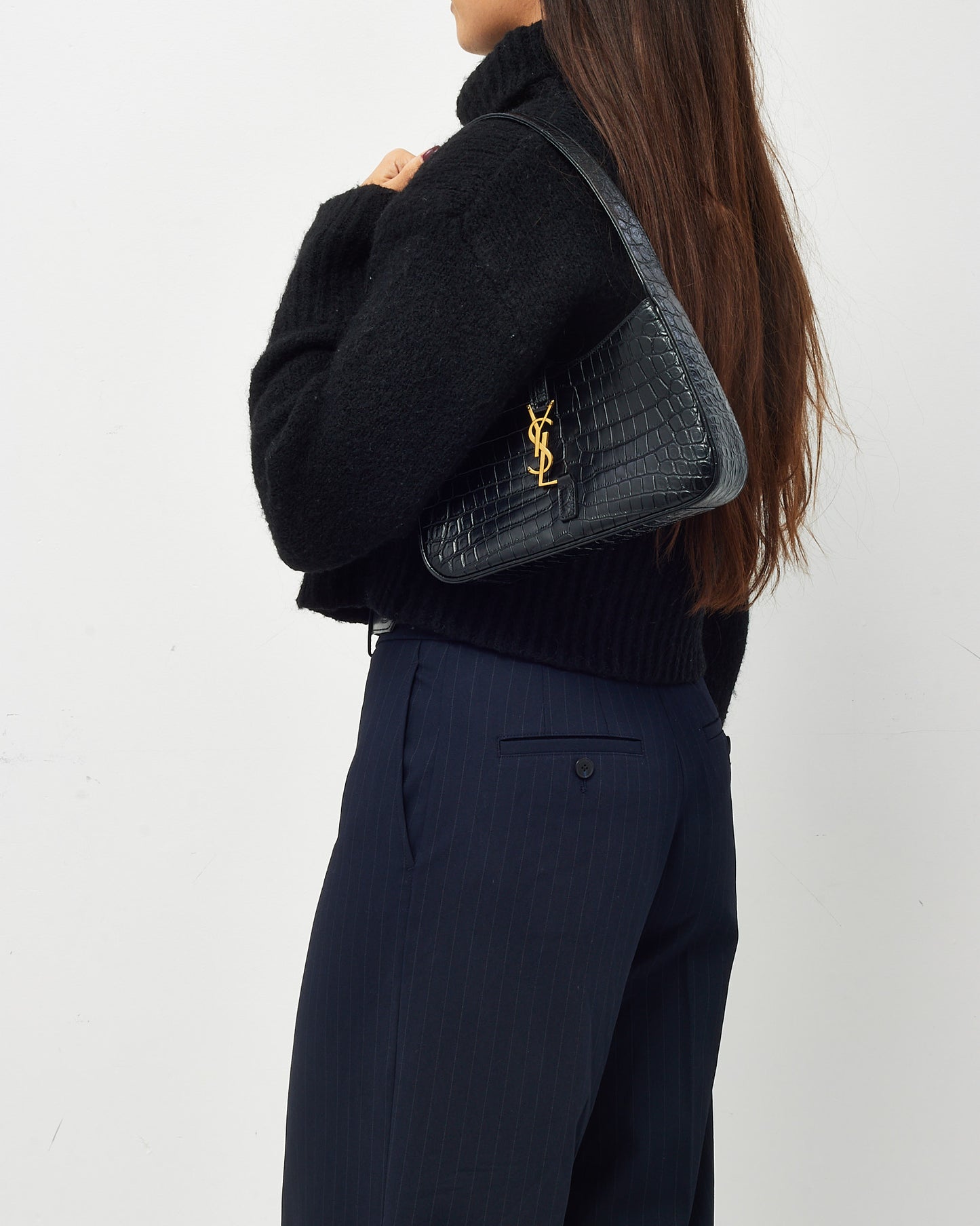 Saint Laurent Black Leather Croc Embossed 5 À 7 Shoulder Bag