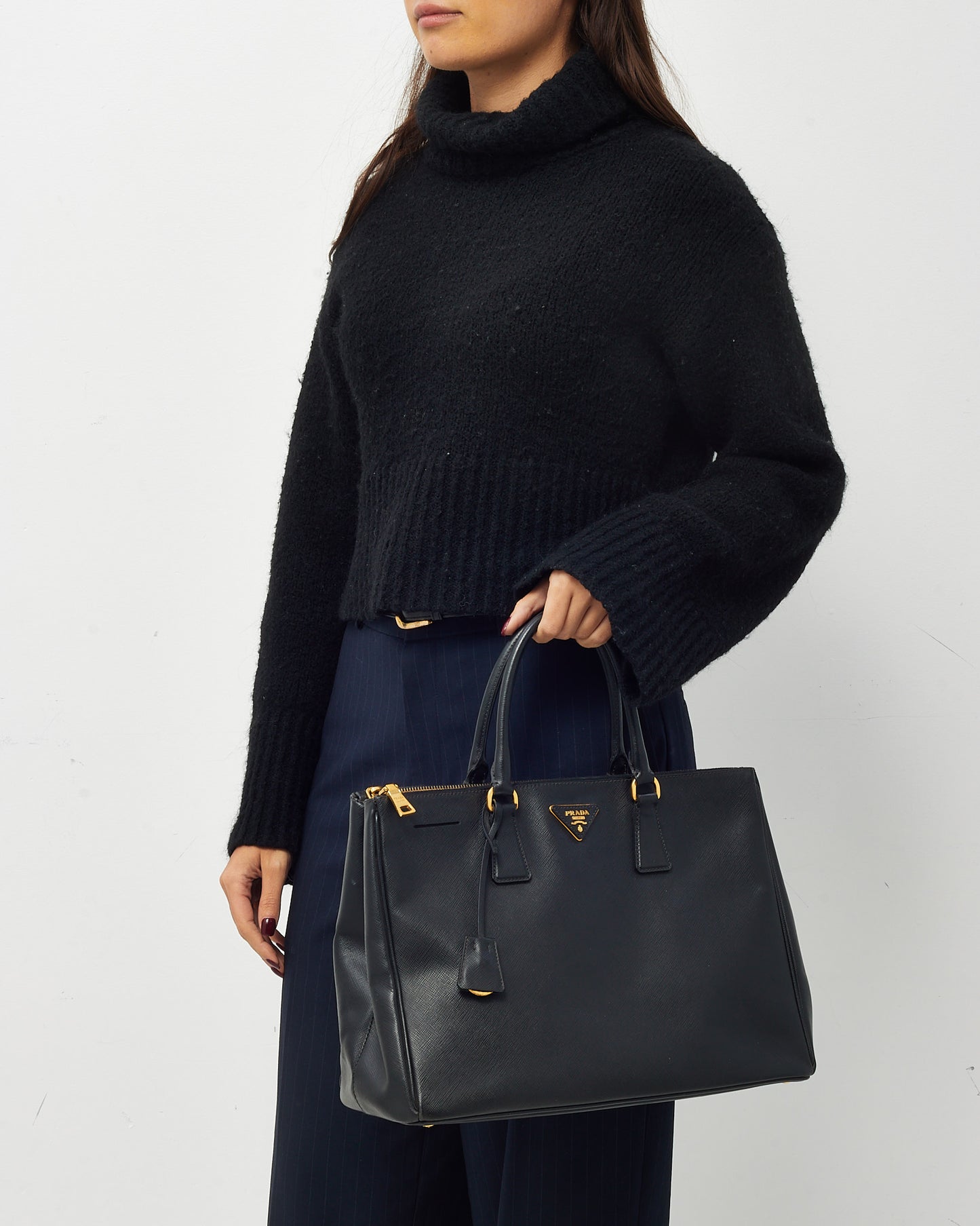 Prada Black Saffiano Leather Large Double Zip Galleria Tote Bag