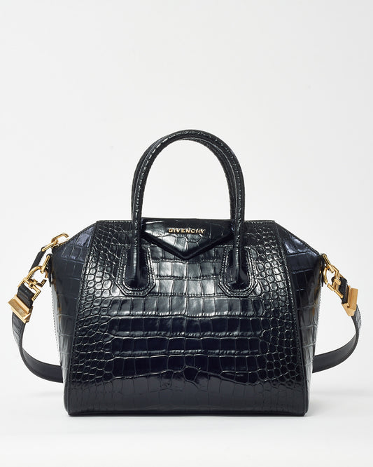 Givenchy Black Shiny Croc Embossed Leather Small Antigona Bag GHW