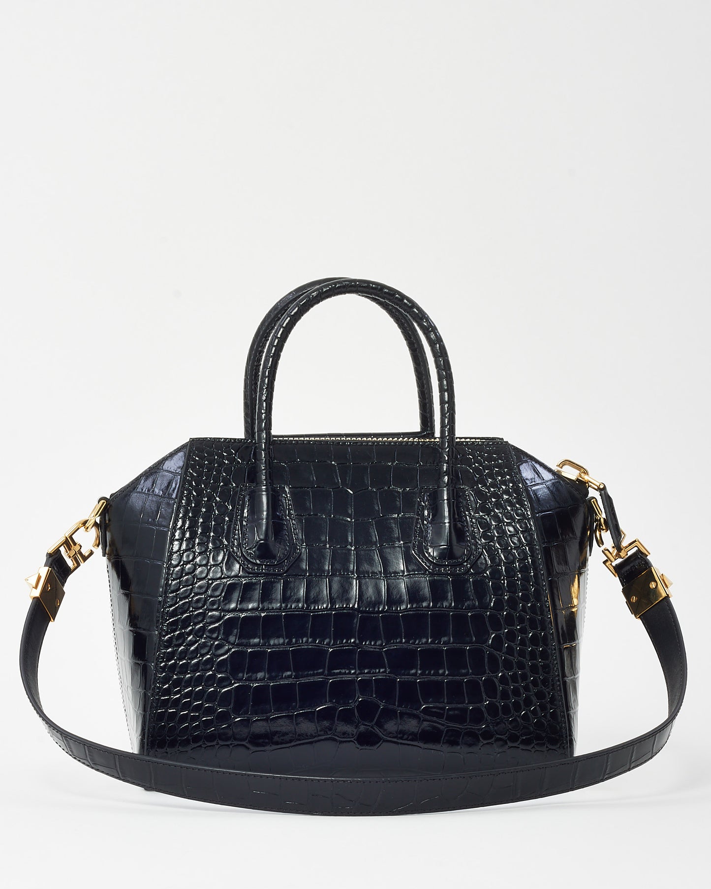 Givenchy Black Shiny Croc Embossed Leather Small Antigona Bag GHW