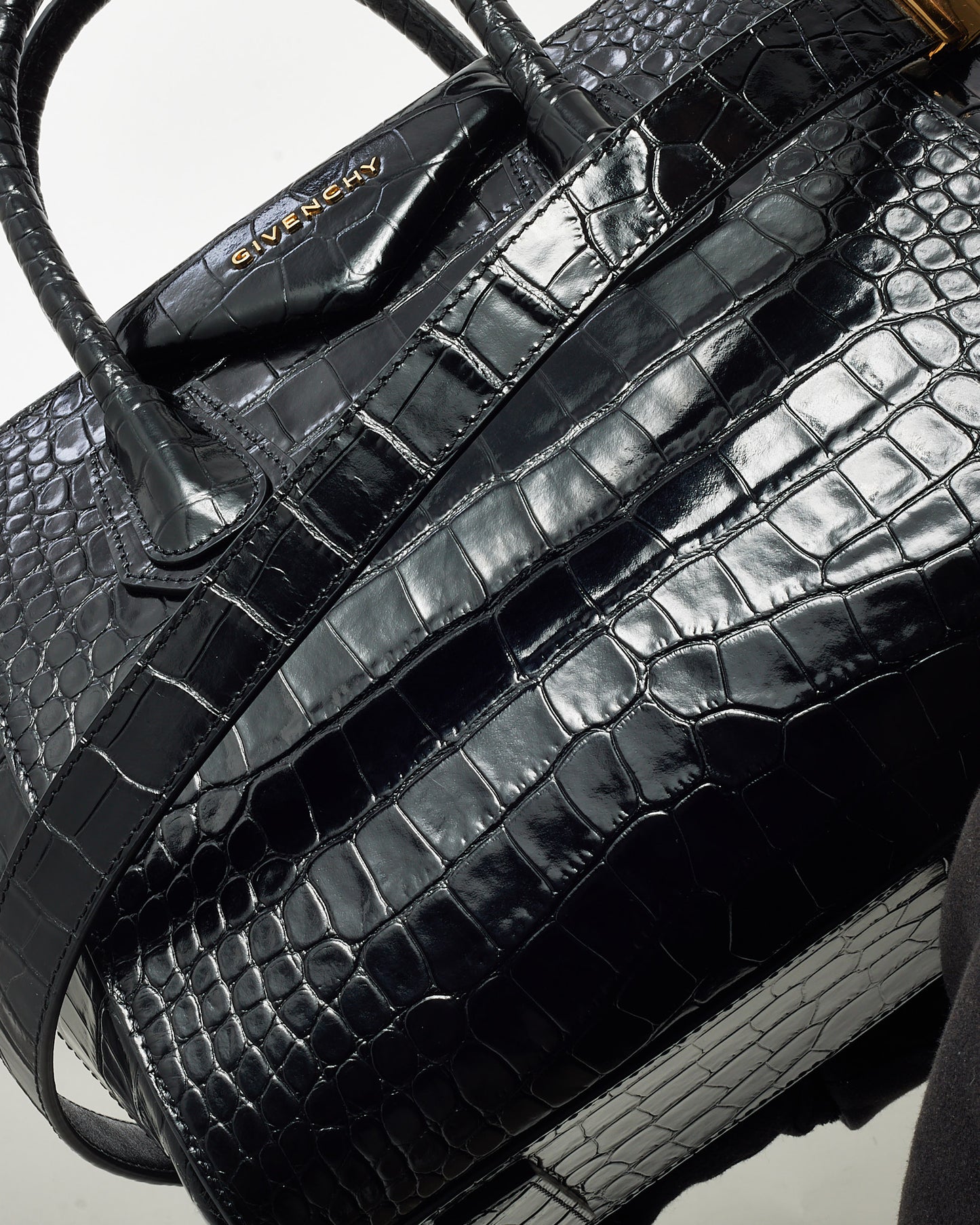 Givenchy Black Shiny Croc Embossed Leather Small Antigona Bag GHW