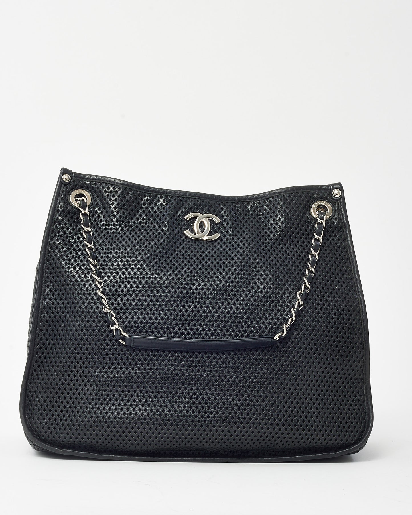 Chanel Black Perforated Leather CC Logo SHW Chain Tote Bag