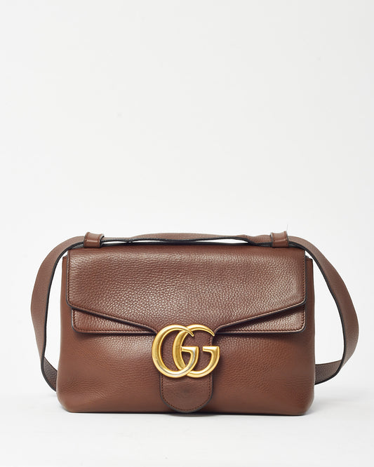 Gucci Brown Pebbled Leather GG Marmont Medium Messenger Shoulder Bag