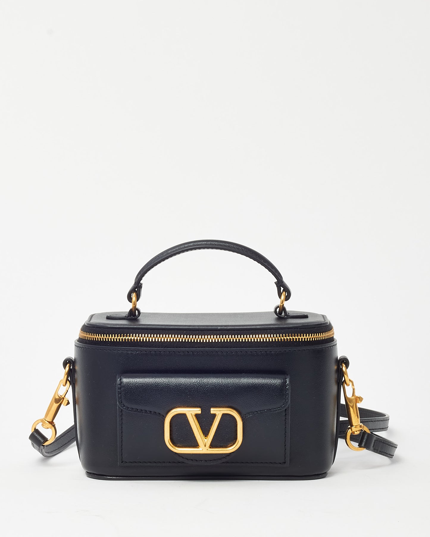 Valentino Black Leather GHW VLogo Mini Vanity Top Handle Bag