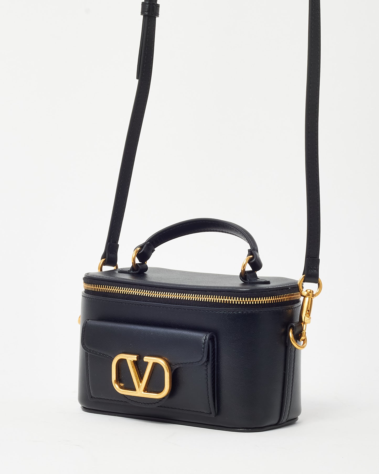 Valentino Black Leather GHW VLogo Mini Vanity Top Handle Bag