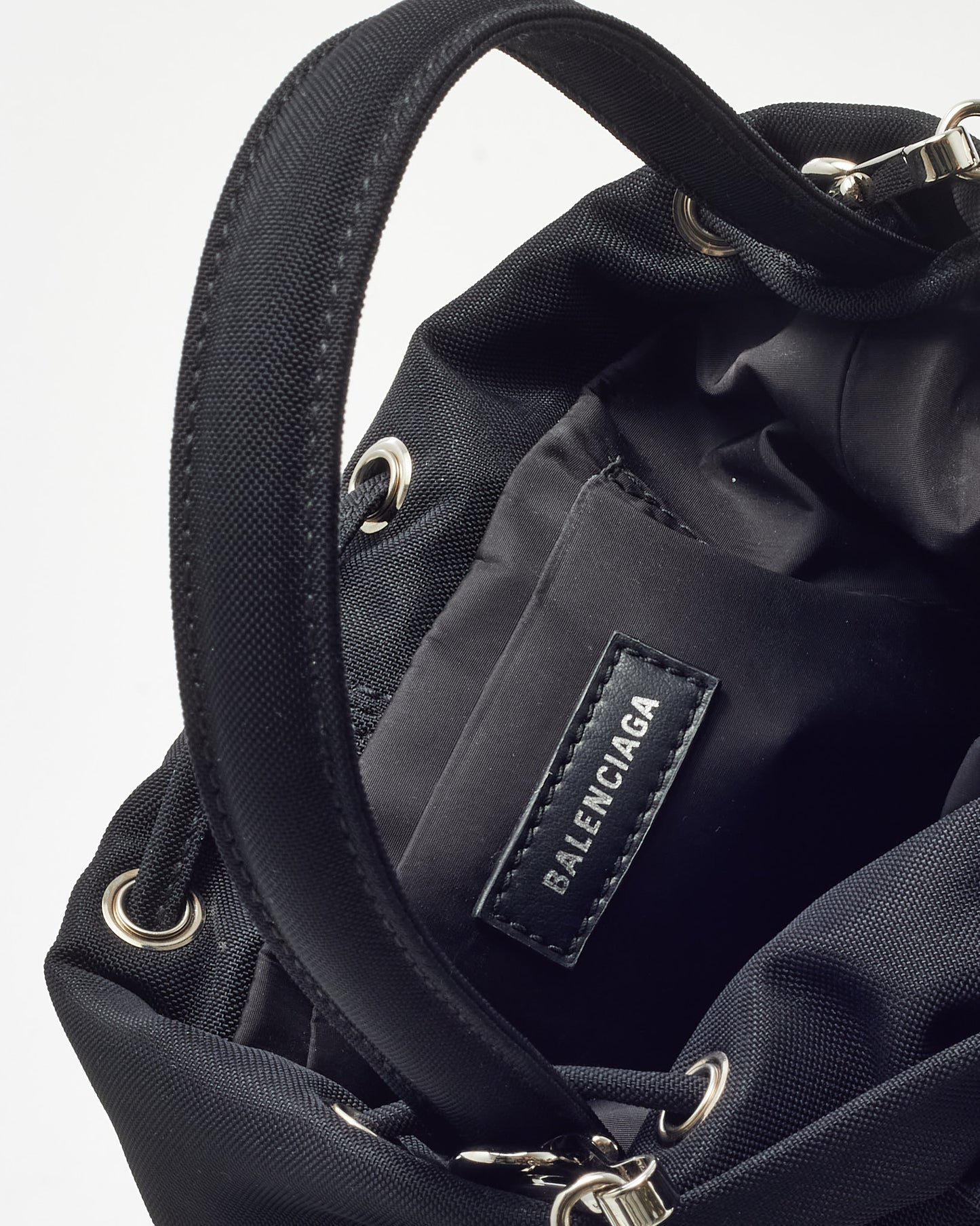 Balenciaga Black Nylon Logo Wheel Drawstring XS Bucket Bag with Strap
