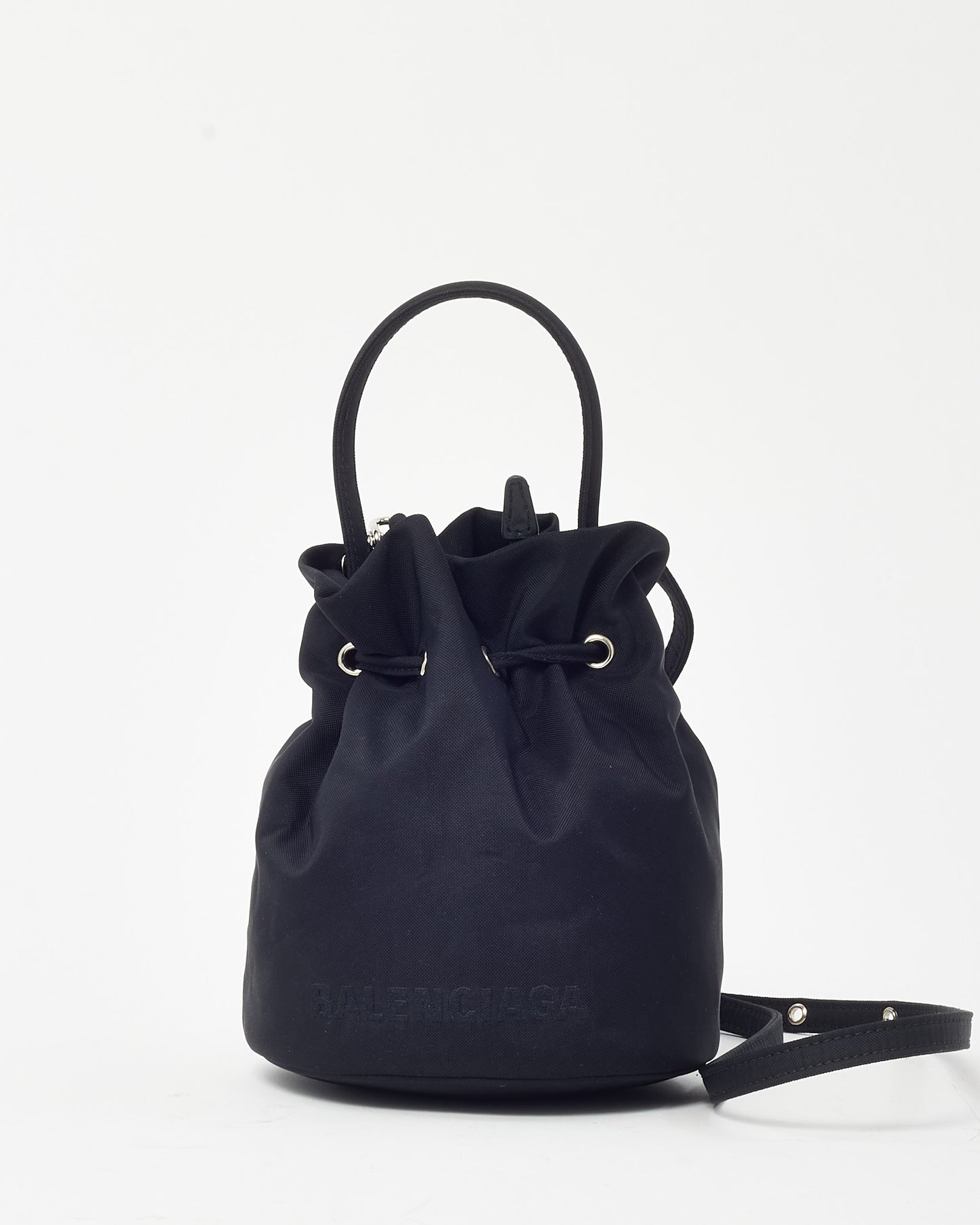 Balenciaga Black Nylon Logo Wheel Drawstring XS Bucket Bag with Strap