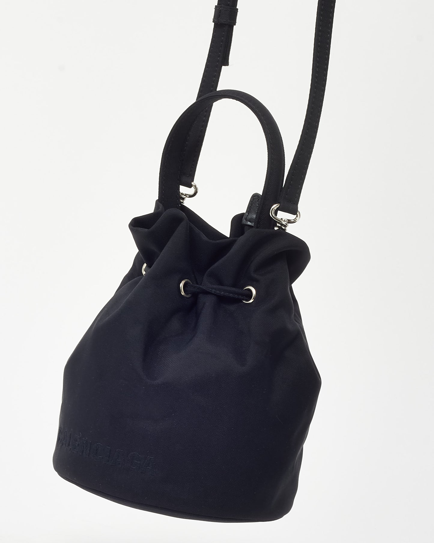 Balenciaga Black Nylon Logo Wheel Drawstring XS Bucket Bag with Strap
