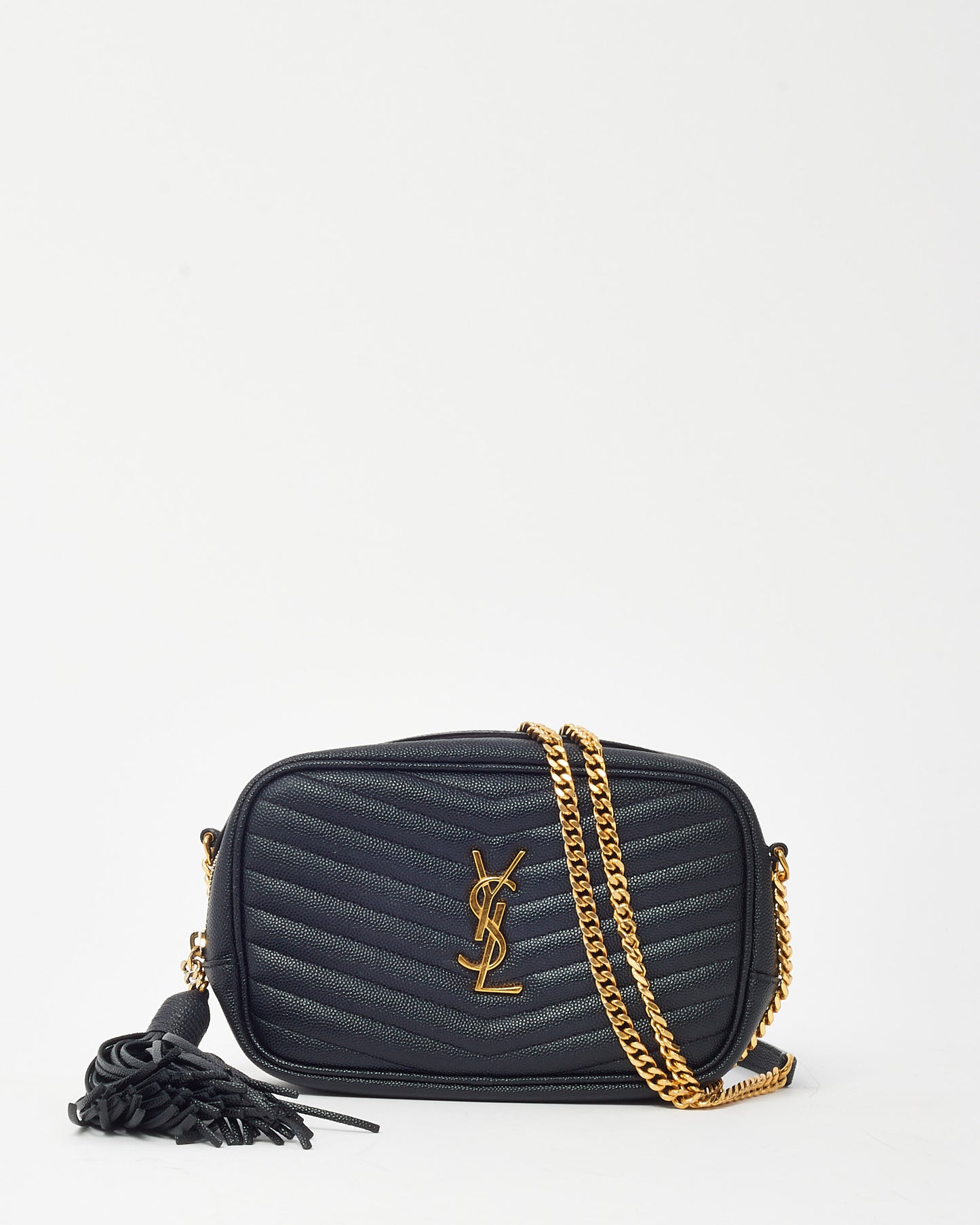 Saint Laurent Black Chevron Grain De Poudre YSL Mini Lou Chain Crossbody Bag GHW