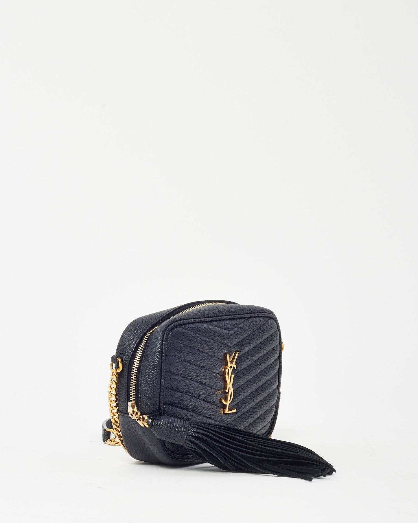 Saint Laurent Black Chevron Grain De Poudre YSL Mini Lou Chain Crossbody Bag GHW