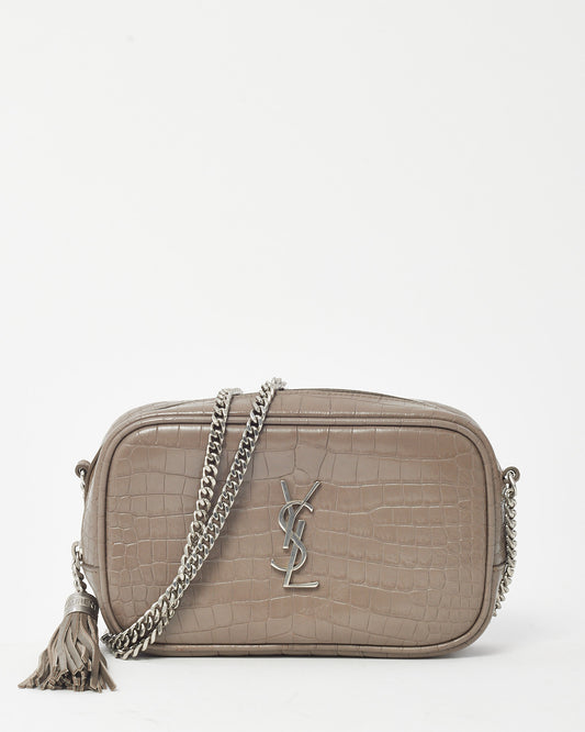 Saint Laurent Grey Croc Embossed Leather SHW YSL Mini Lou Chain Crossbody Bag