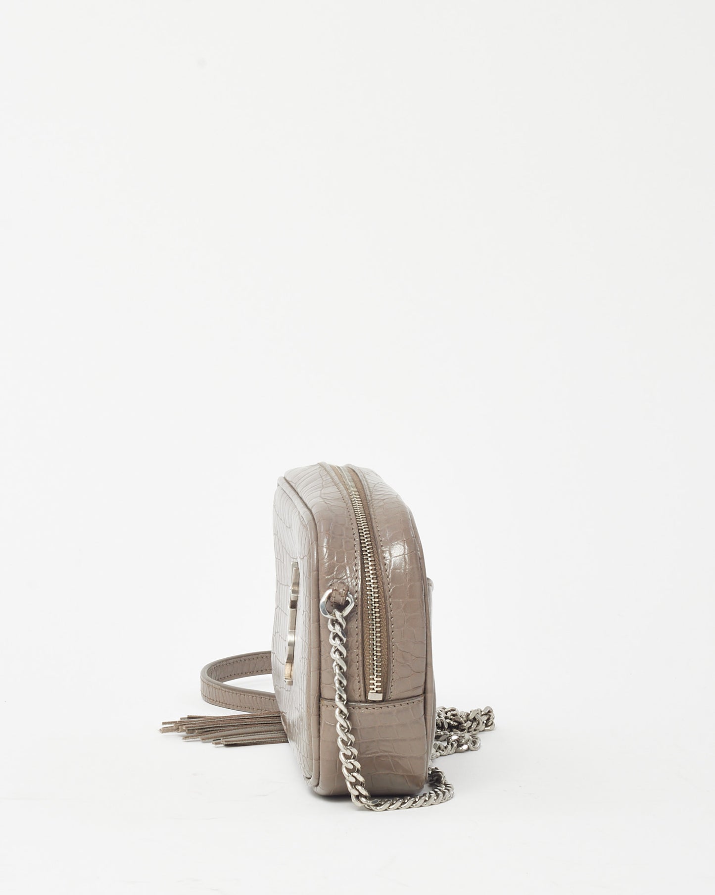 Saint Laurent Grey Croc Embossed Leather SHW YSL Mini Lou Chain Crossbody Bag