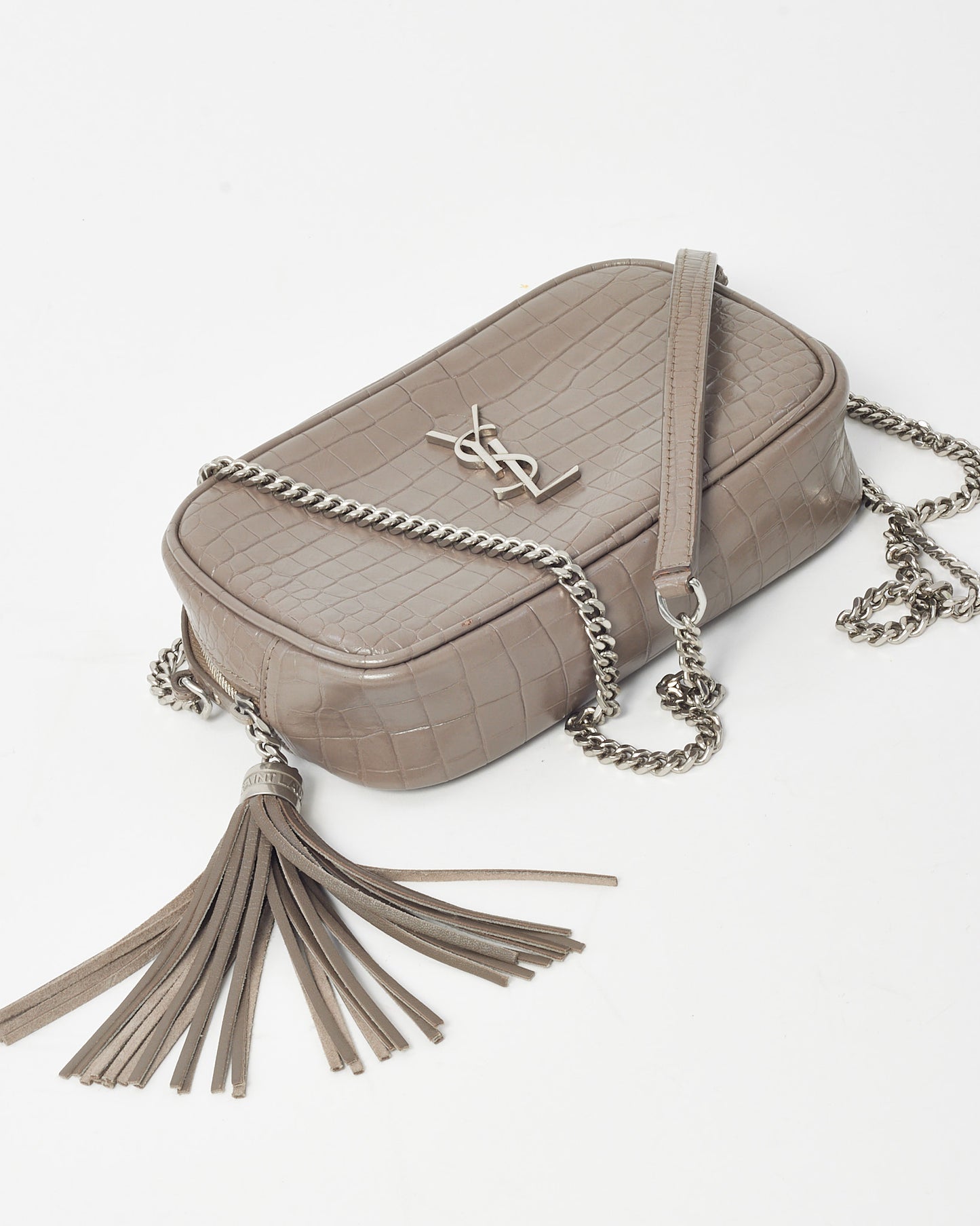 Saint Laurent Grey Croc Embossed Leather SHW YSL Mini Lou Chain Crossbody Bag