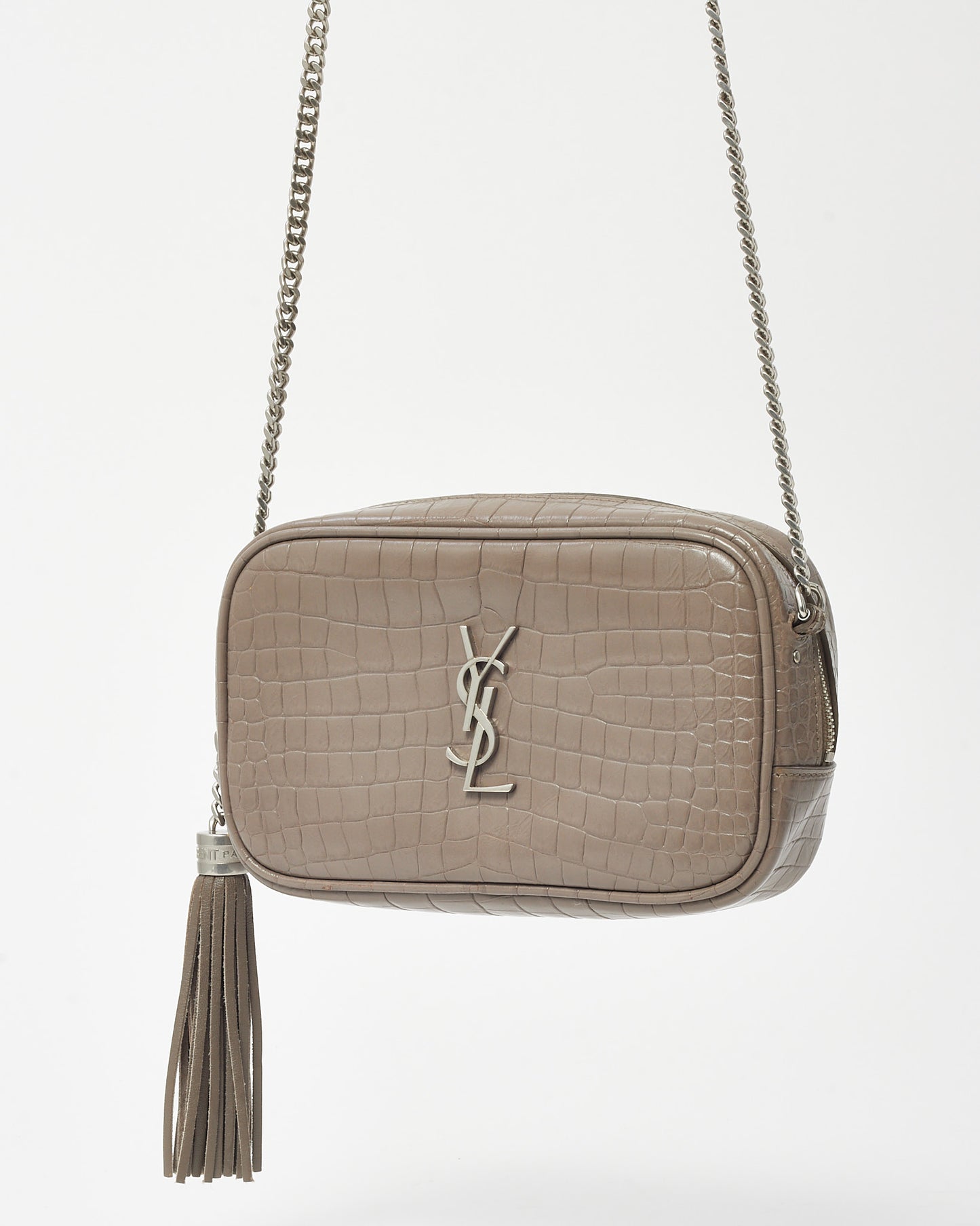 Saint Laurent Grey Croc Embossed Leather SHW YSL Mini Lou Chain Crossbody Bag