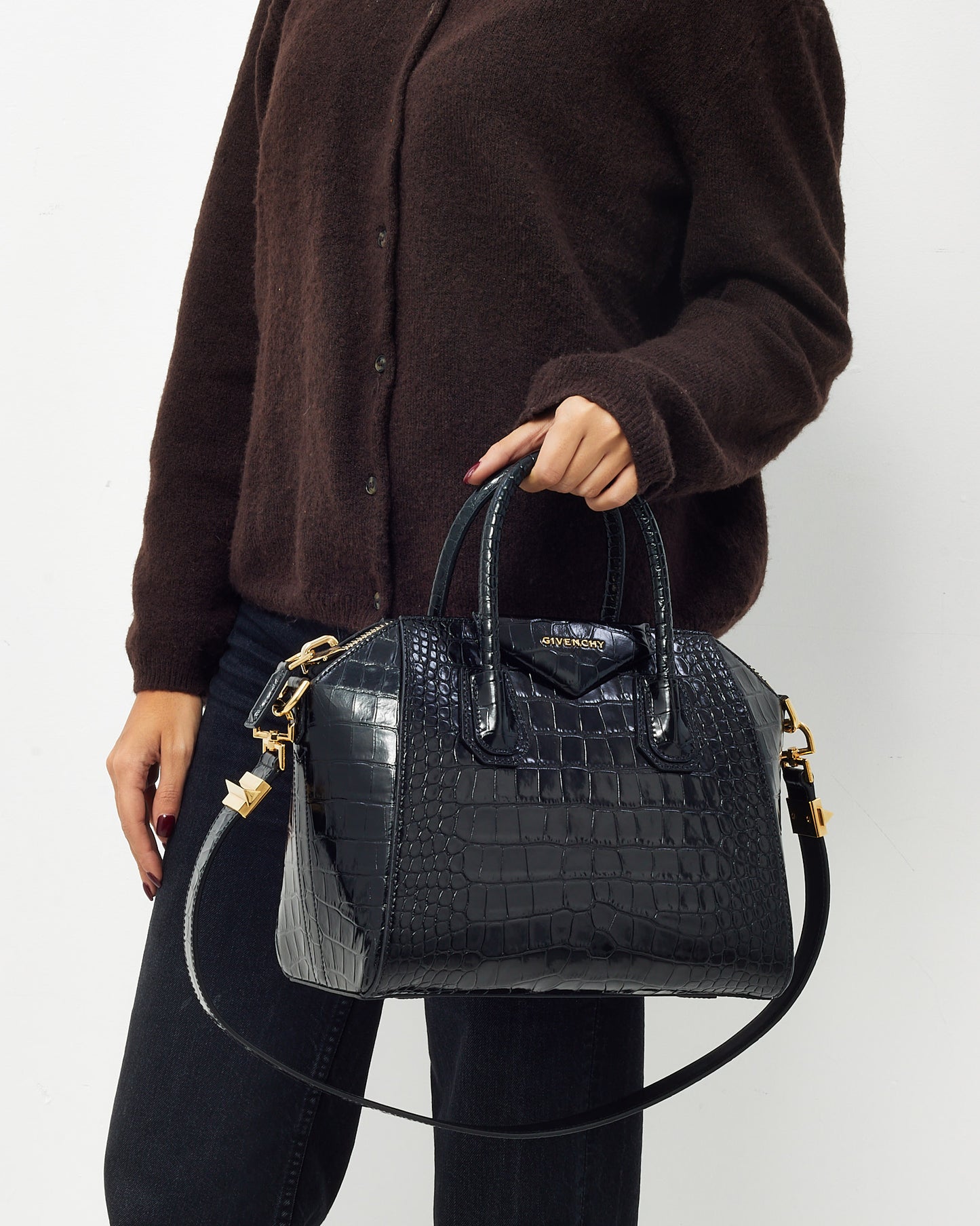Givenchy Black Shiny Croc Embossed Leather Small Antigona Bag GHW