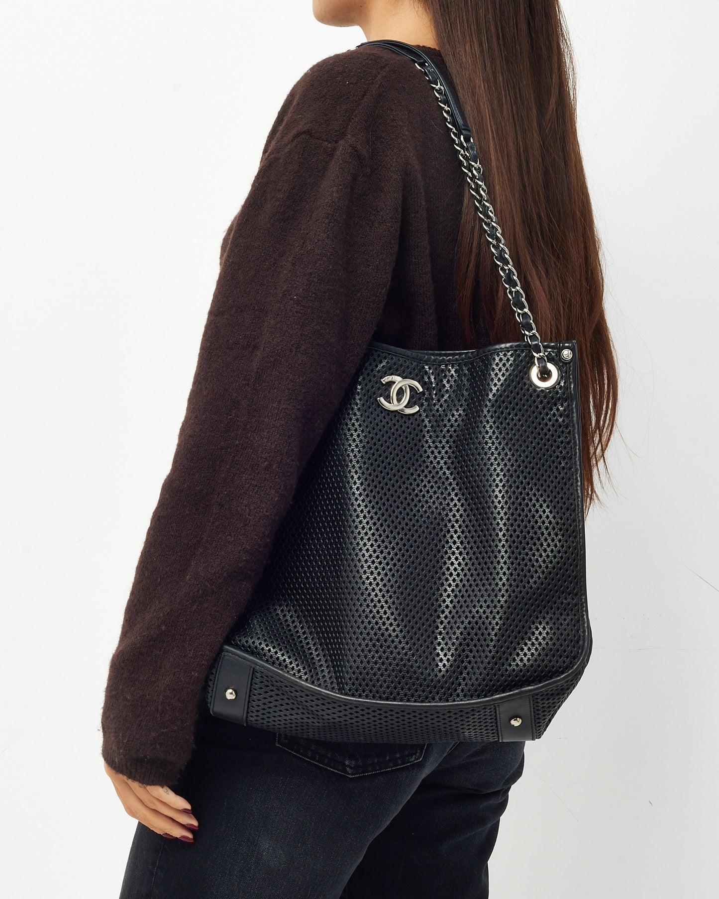 Chanel Black Perforated Leather CC Logo SHW Chain Tote Bag