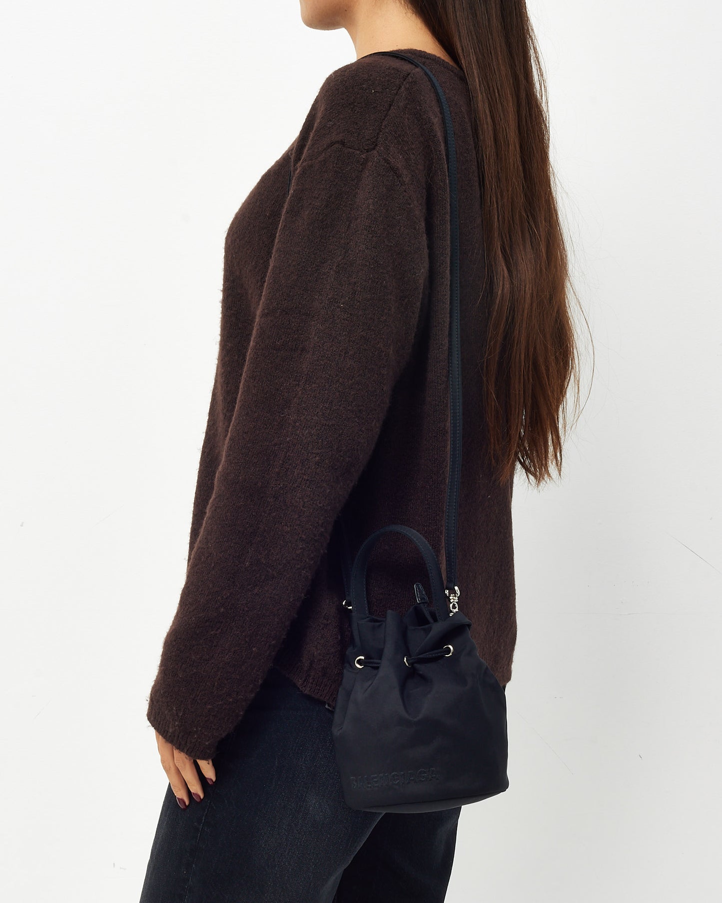 Balenciaga Black Nylon Logo Wheel Drawstring XS Bucket Bag with Strap