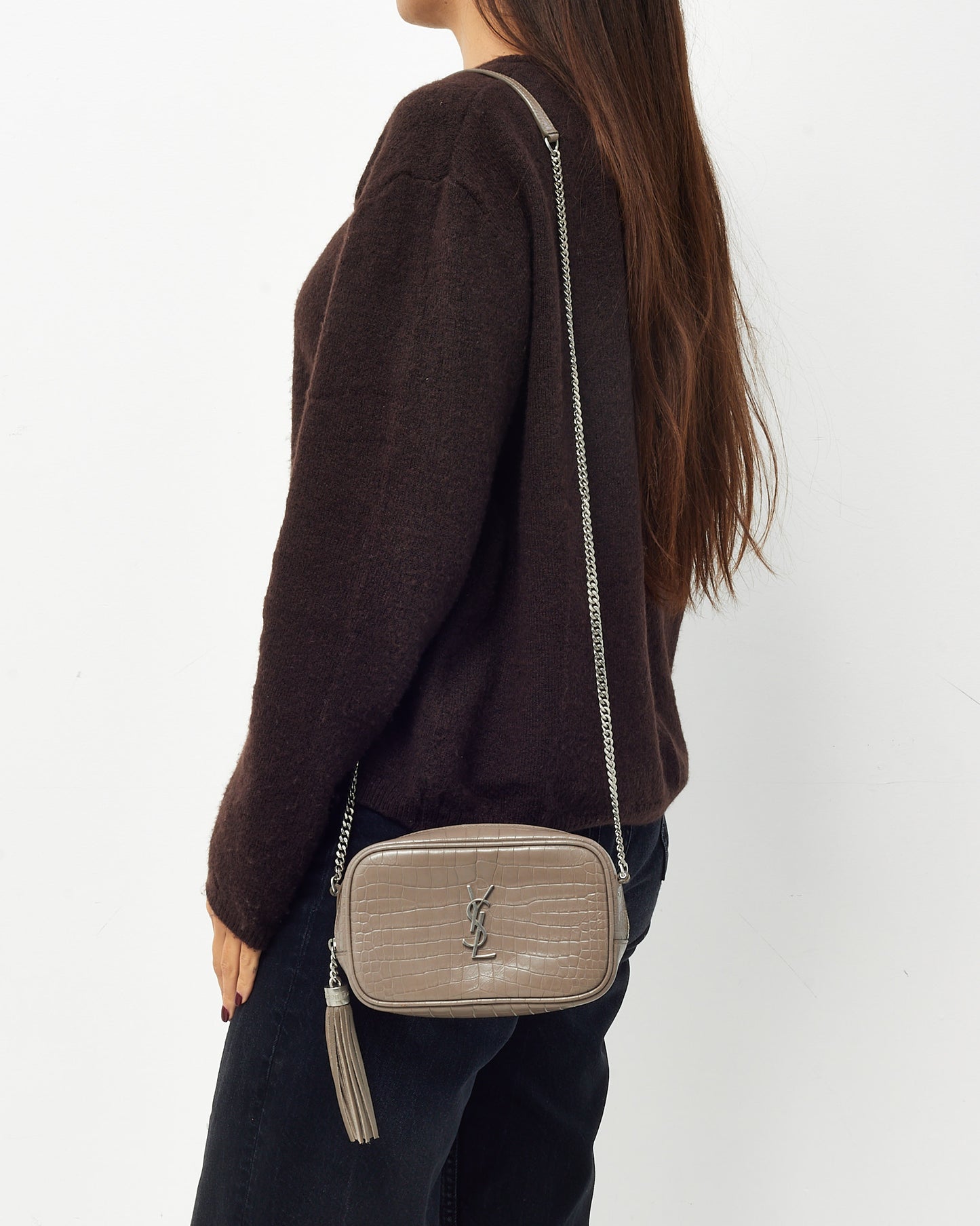 Saint Laurent Grey Croc Embossed Leather SHW YSL Mini Lou Chain Crossbody Bag