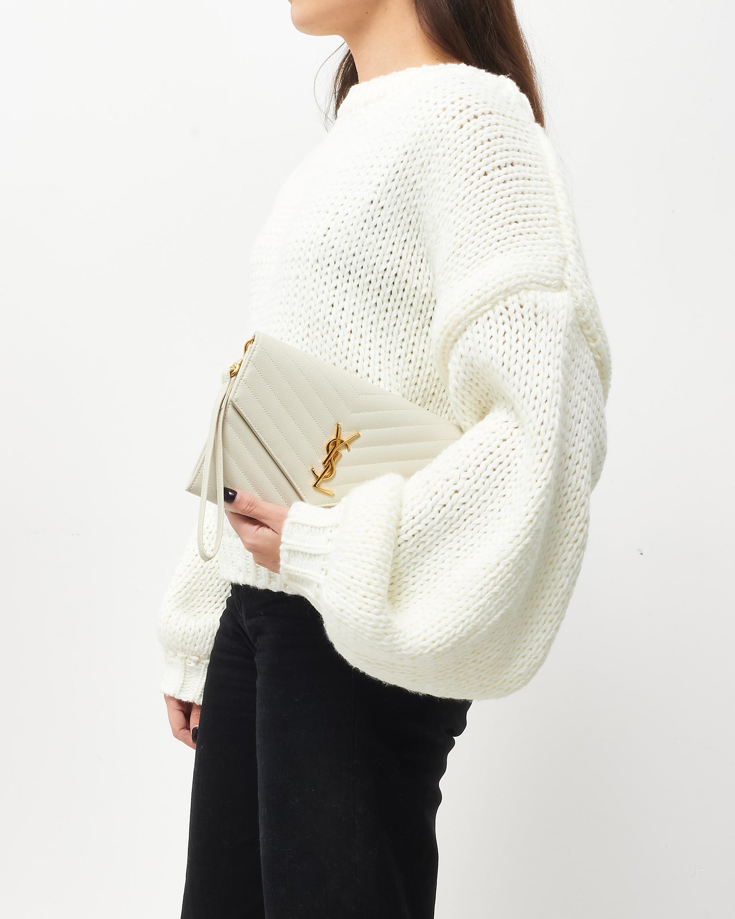 Saint Laurent White Chevron Grained Leather Cassandre YSL Logo Envelope Wristlet Pouch