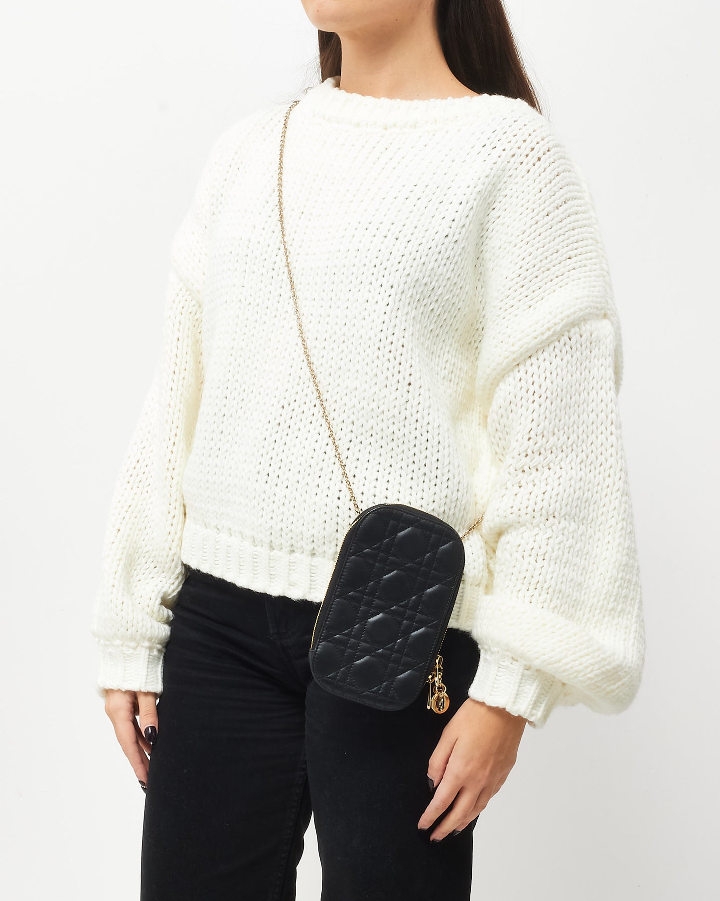 Dior Black Cannage Lambskin Leather Lady Dior Call'in Dior Phone Holder Crossbody Bag