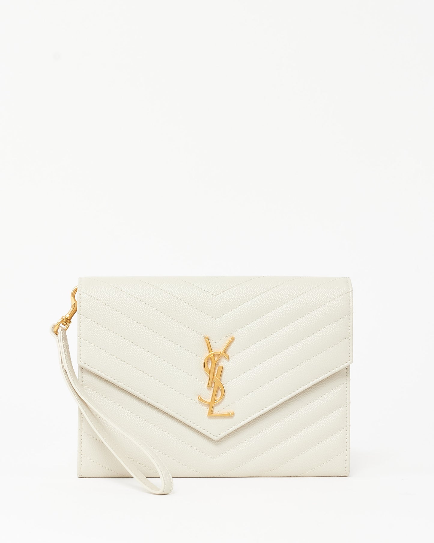Saint Laurent White Chevron Grained Leather Cassandre YSL Logo Envelope Wristlet Pouch