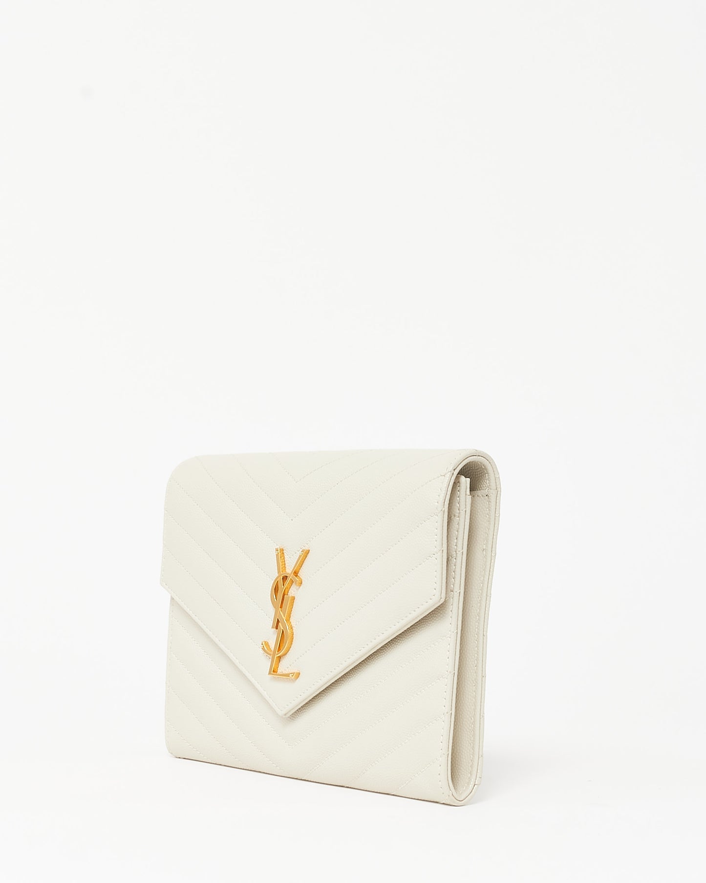 Saint Laurent White Chevron Grained Leather Cassandre YSL Logo Envelope Wristlet Pouch