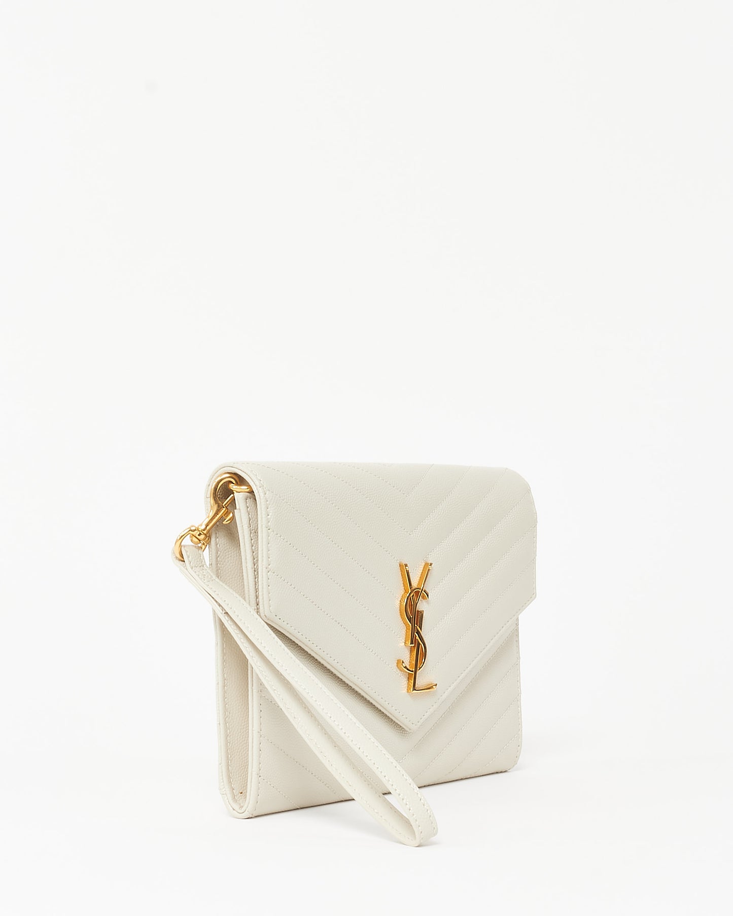 Saint Laurent White Chevron Grained Leather Cassandre YSL Logo Envelope Wristlet Pouch