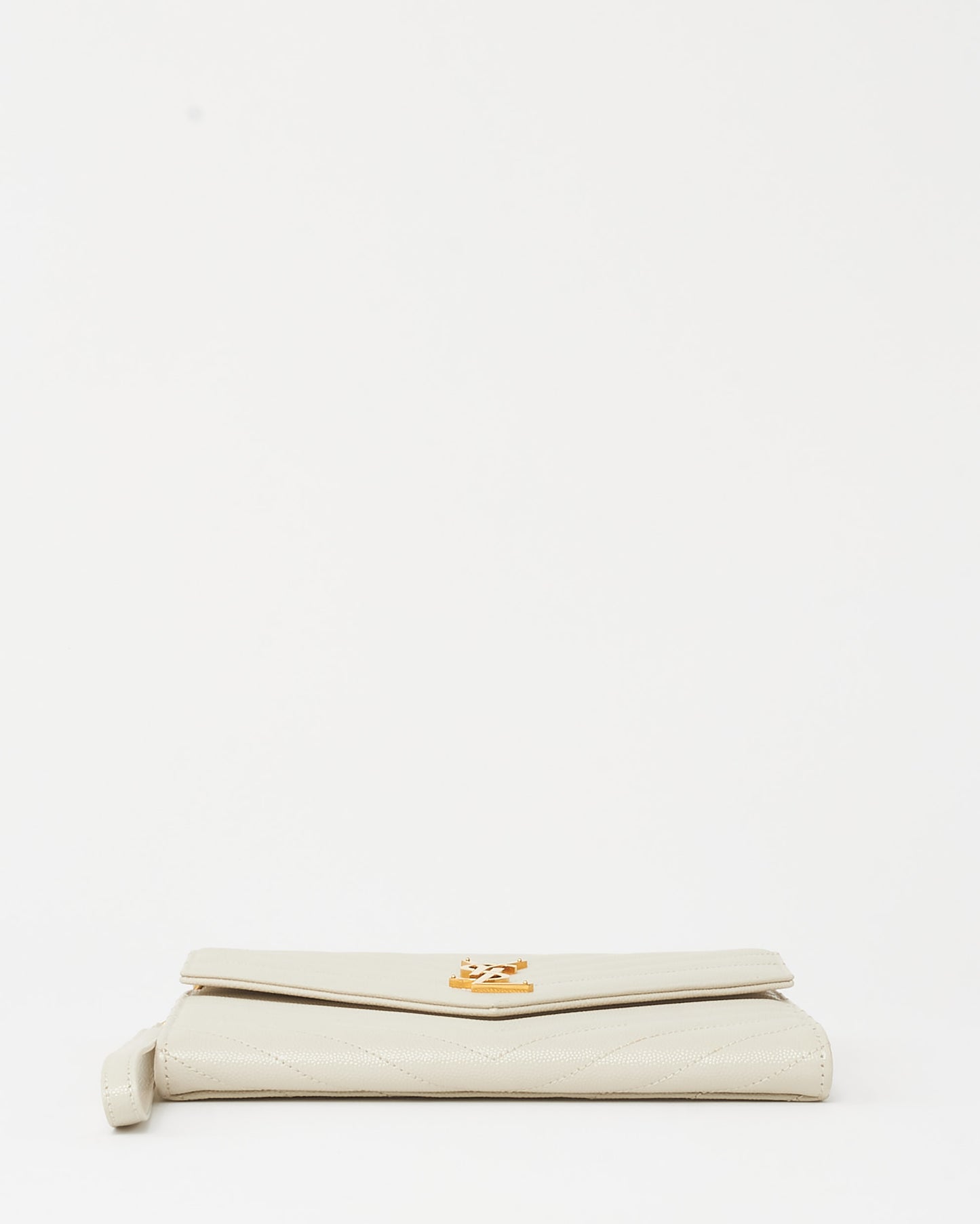 Saint Laurent White Chevron Grained Leather Cassandre YSL Logo Envelope Wristlet Pouch