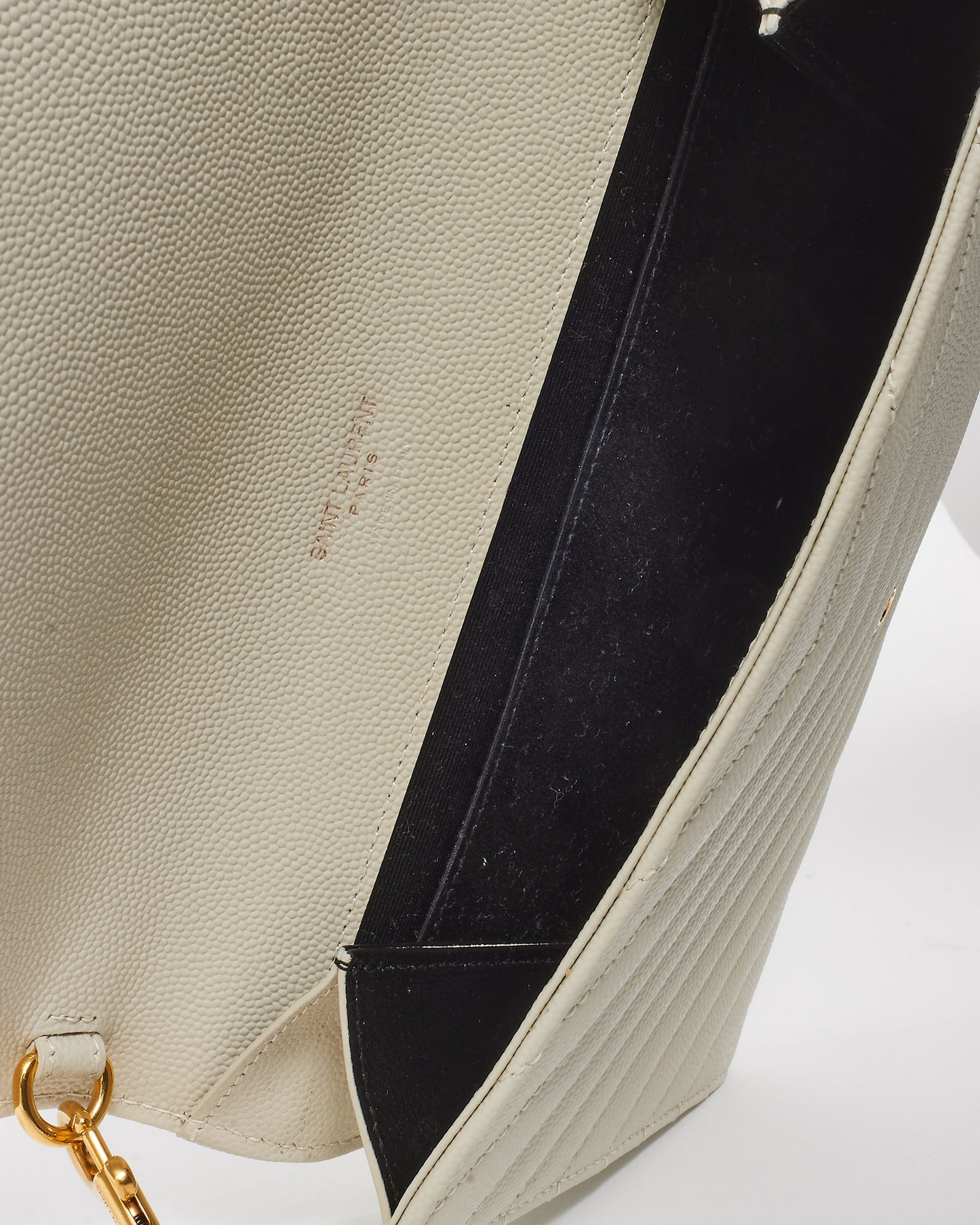 Saint Laurent White Chevron Grained Leather Cassandre YSL Logo Envelope Wristlet Pouch