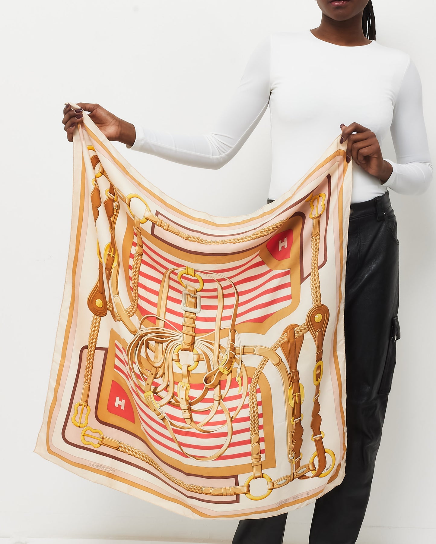 Hermès Beige and Pink Coaching Silk Scarf & Tying Card System