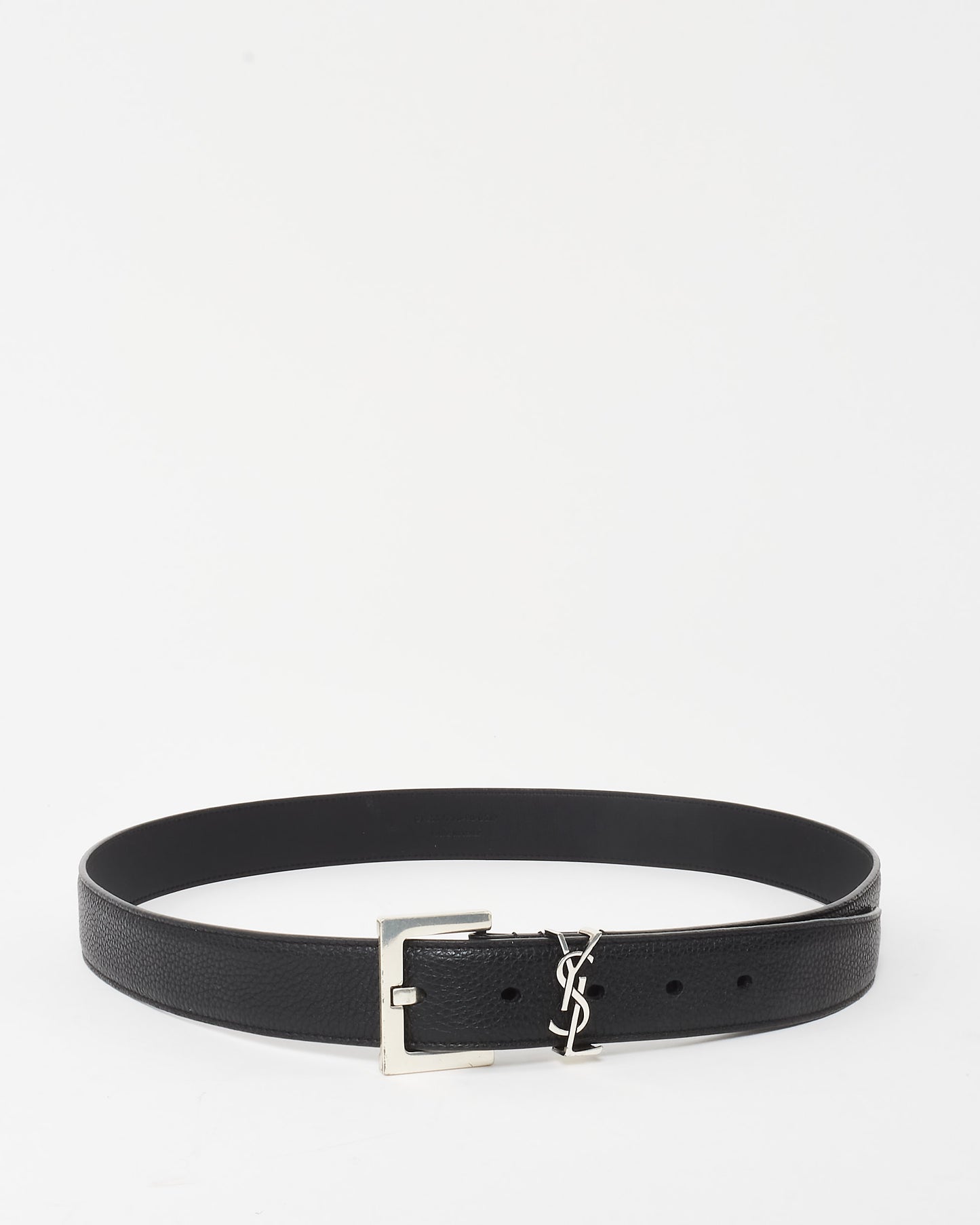 Saint Laurent Black Leather Cassandre YSL Logo Belt SHW - 90
