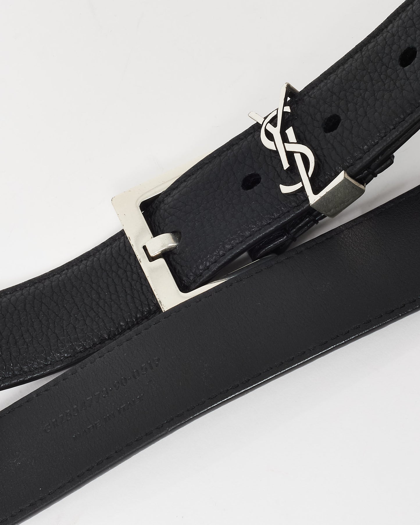 Saint Laurent Black Leather Cassandre YSL Logo Belt SHW - 90
