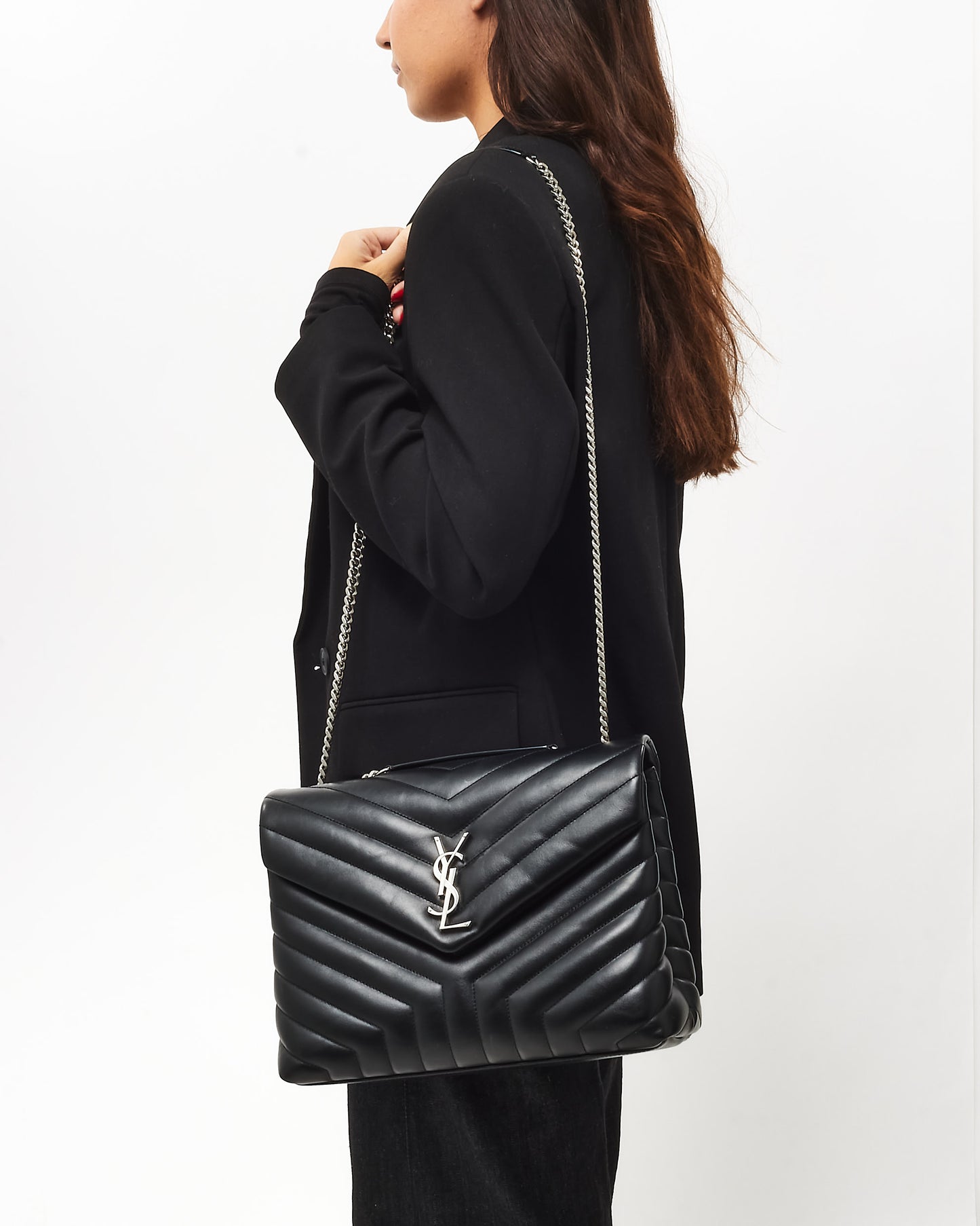 Saint Laurent Black Leather Matelassé Medium Loulou SHW