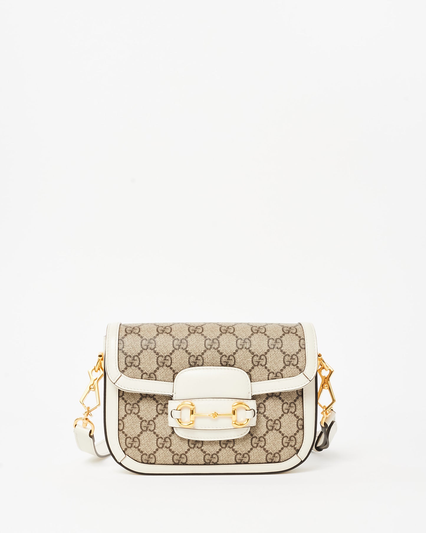 Gucci White Leather Beige Monogram GG Coated Canvas Mini 1955 Crossbody Bag