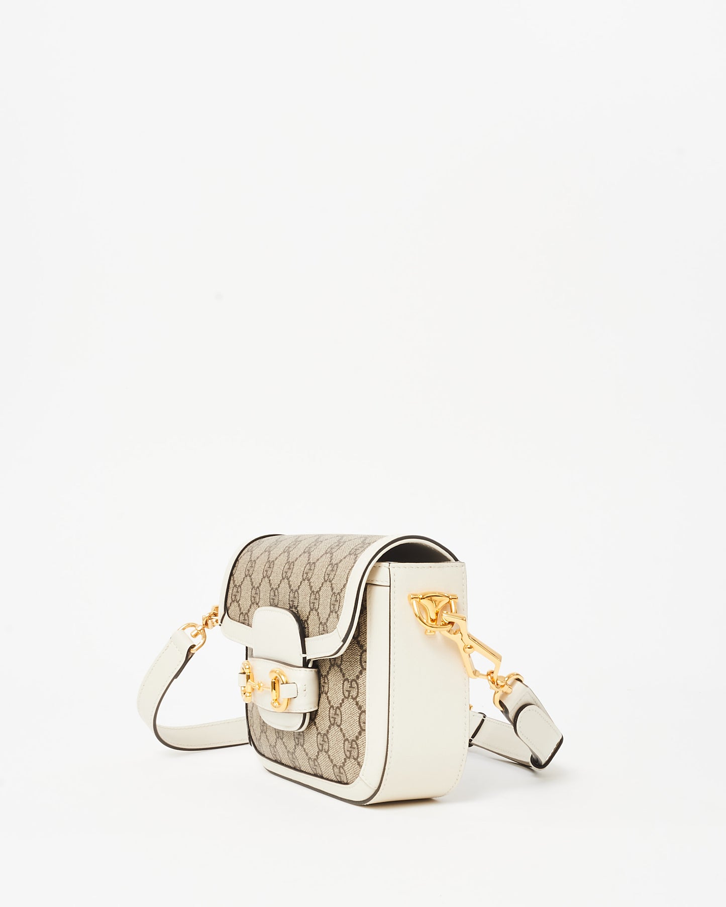 Gucci White Leather Beige Monogram GG Coated Canvas Mini 1955 Crossbody Bag