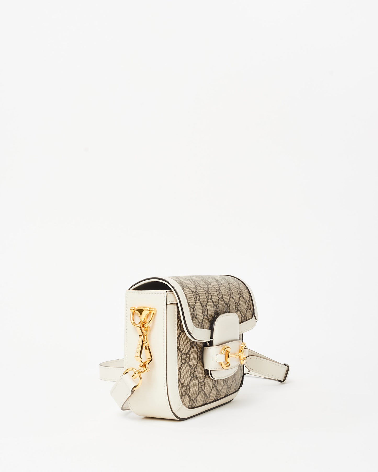 Gucci White Leather Beige Monogram GG Coated Canvas Mini 1955 Crossbody Bag