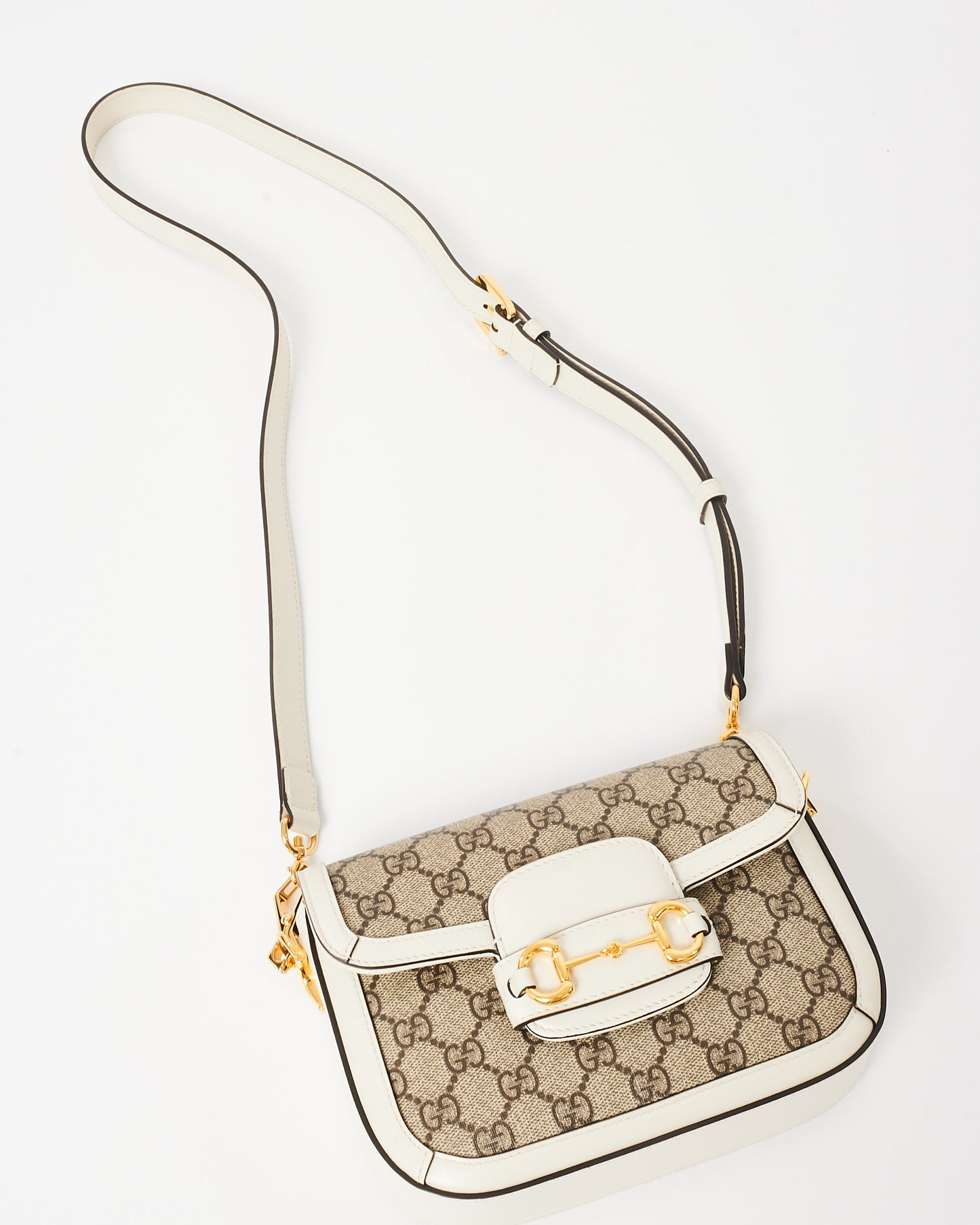 Gucci White Leather Beige Monogram GG Coated Canvas Mini 1955 Crossbody Bag