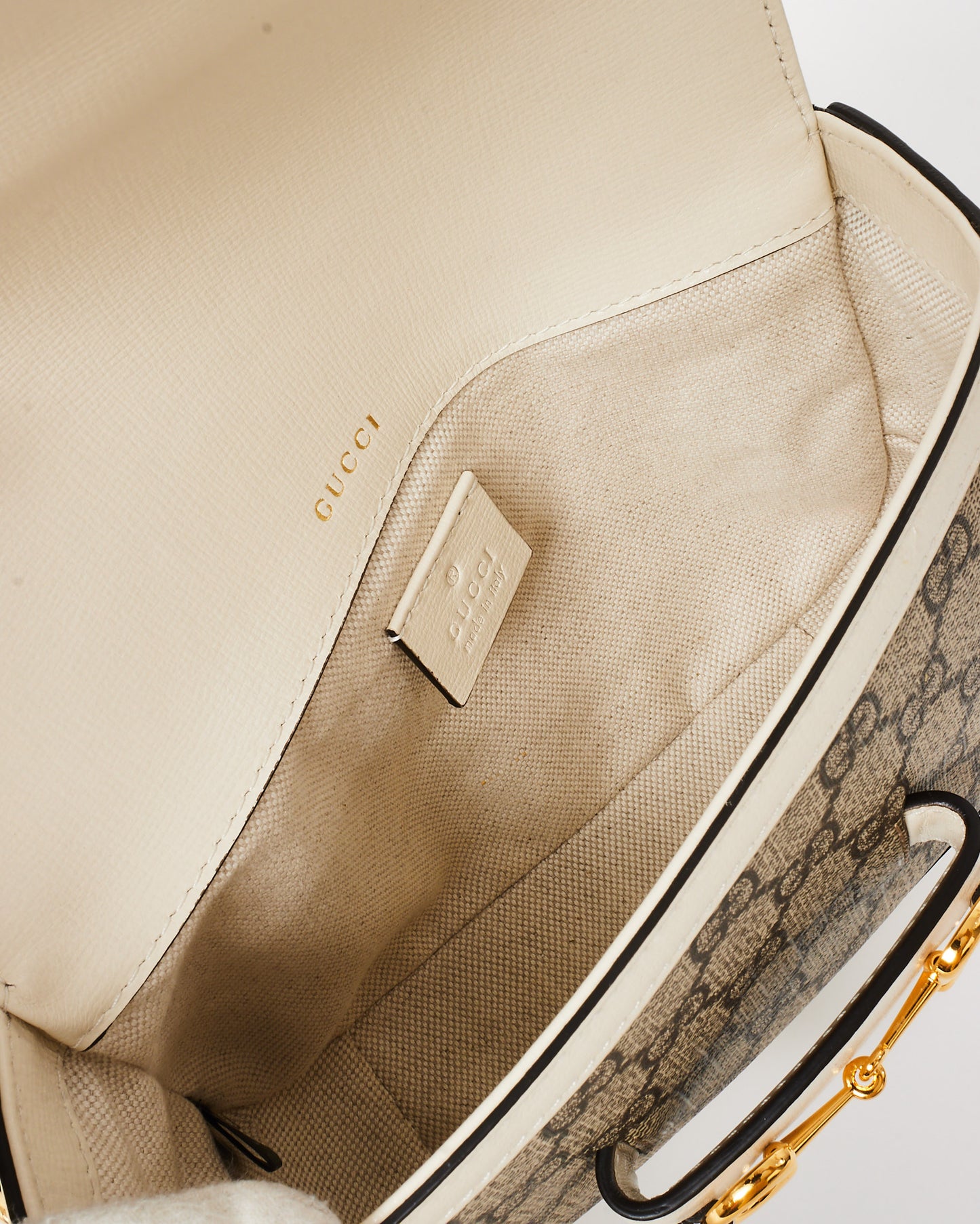 Gucci White Leather Beige Monogram GG Coated Canvas Mini 1955 Crossbody Bag