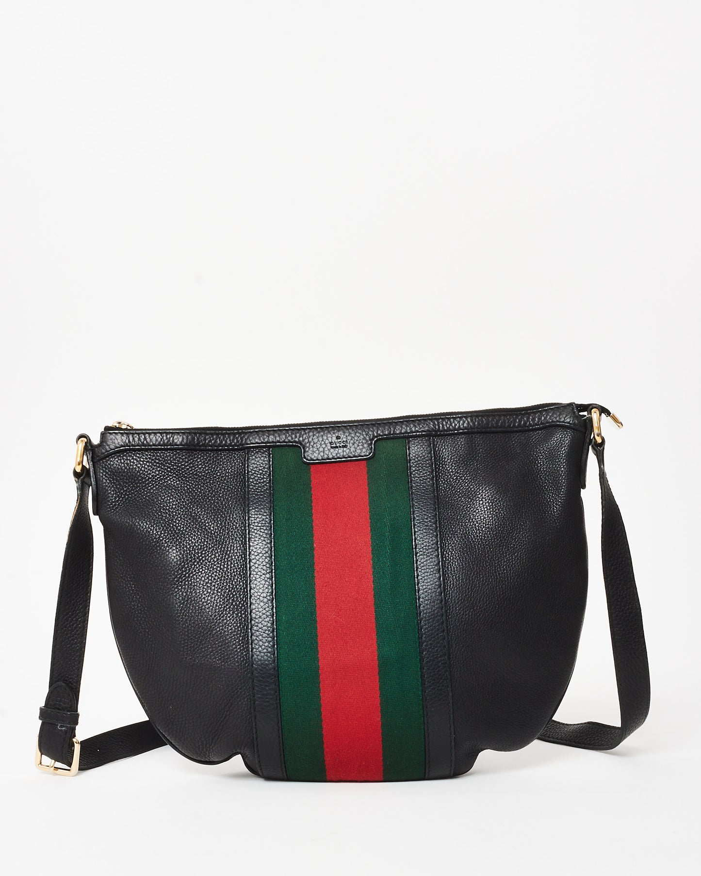 Gucci Black Pebbled Calfskin Vintage Medium Web Half Moon Crossbody Bag