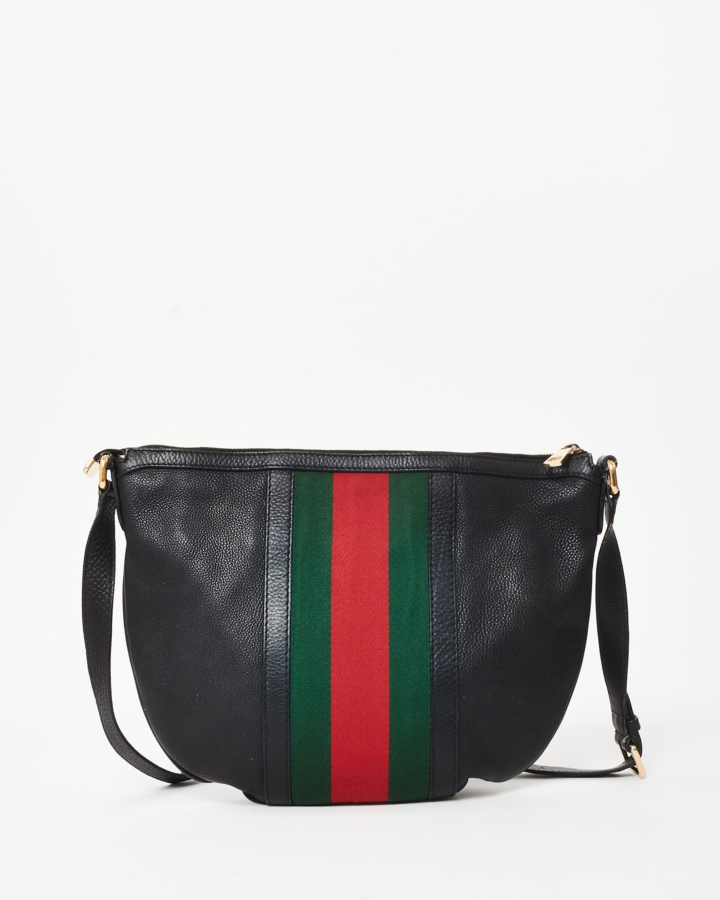 Gucci Black Pebbled Calfskin Vintage Medium Web Half Moon Crossbody Bag