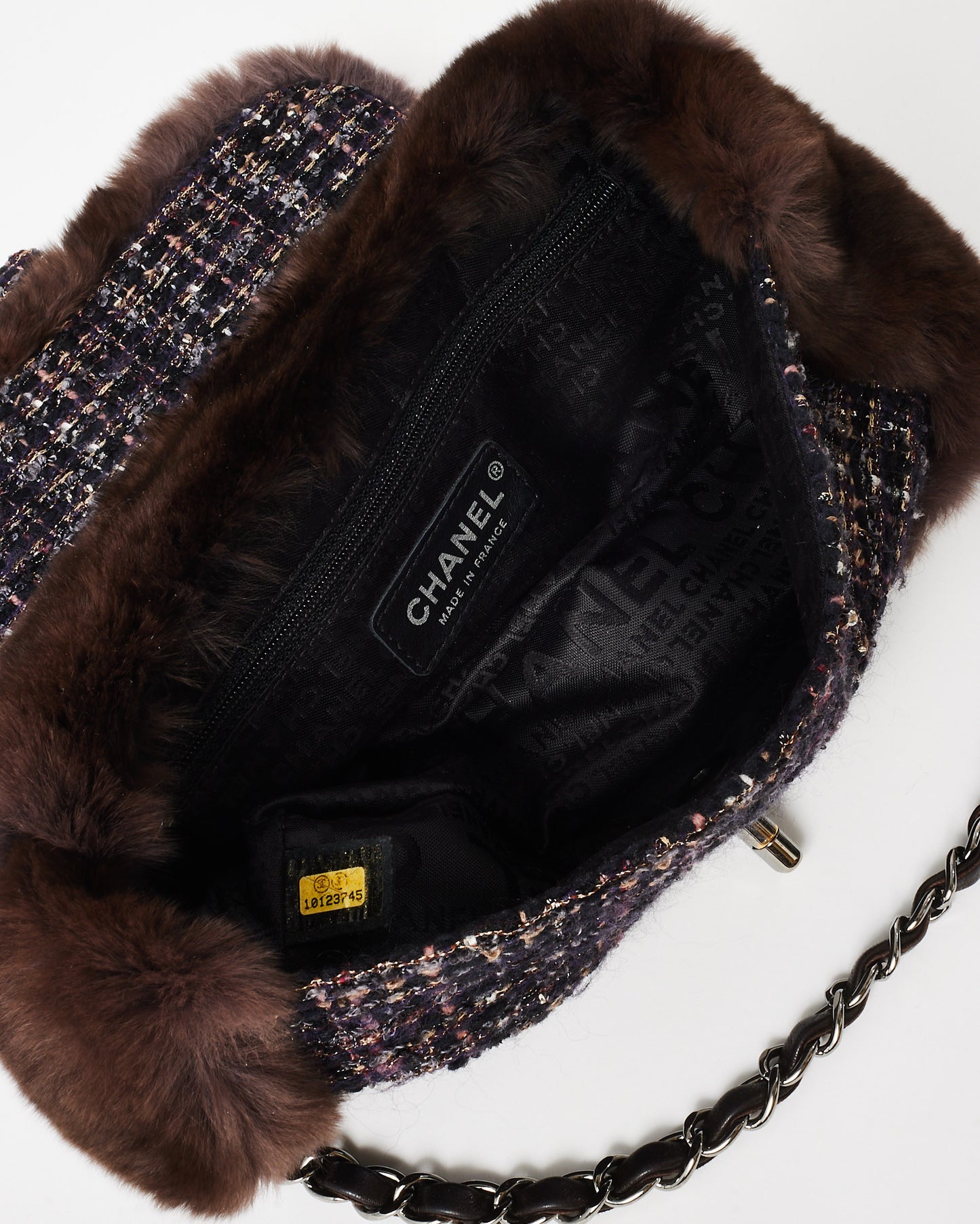 Chanel Brown Chinchilla Fur & Navy Multi Tweed Flap Bag SHW