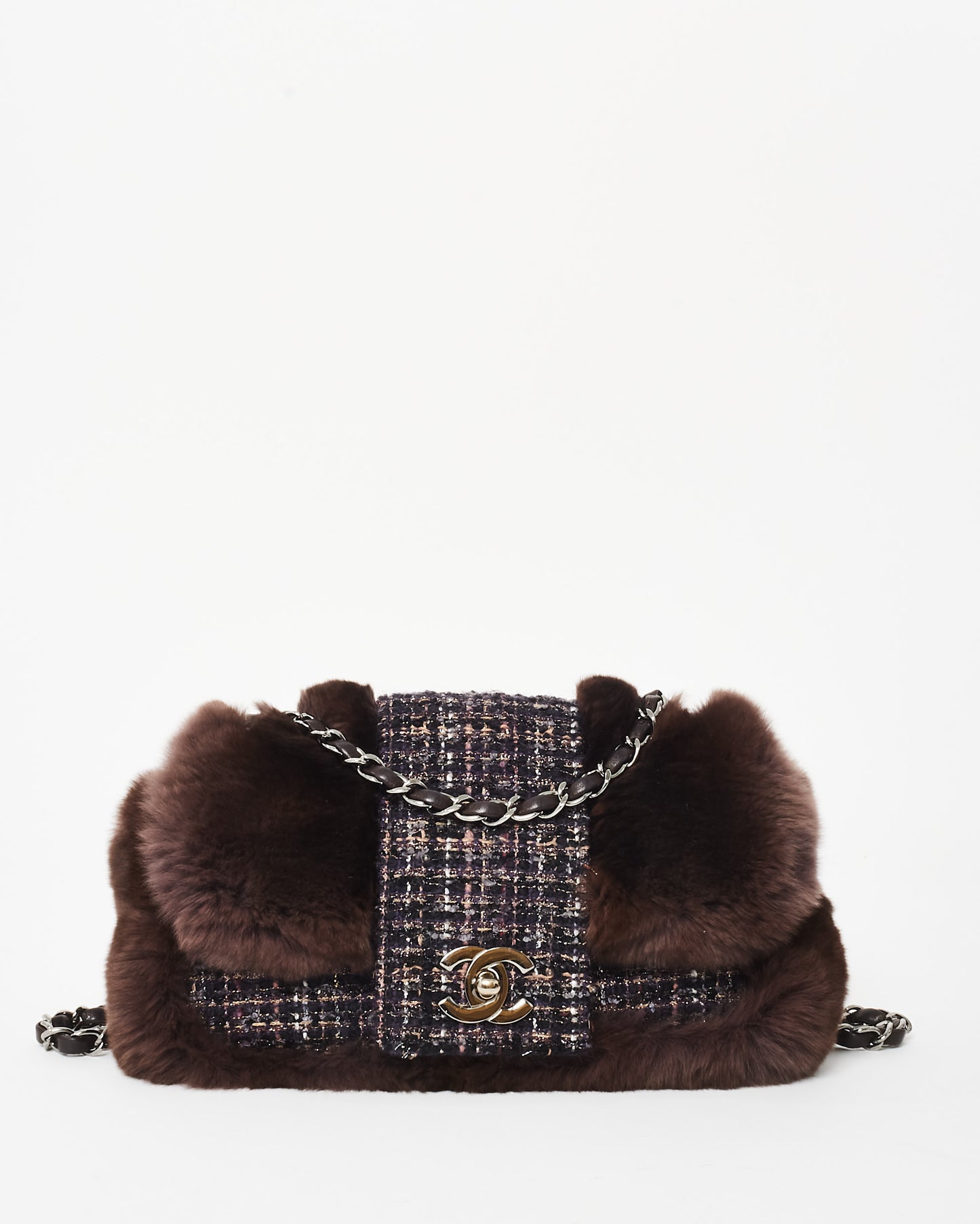 Chanel Brown Chinchilla Fur & Navy Multi Tweed Flap Bag SHW