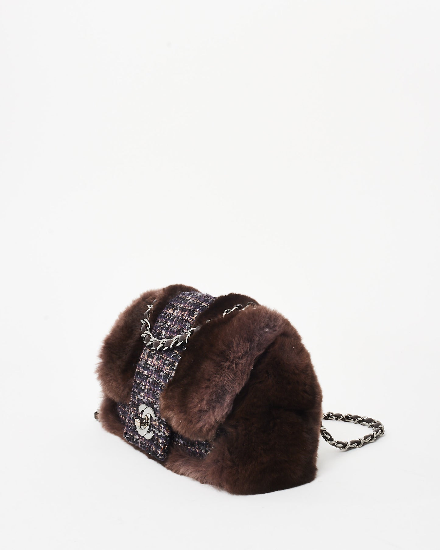 Chanel Brown Chinchilla Fur & Navy Multi Tweed Flap Bag SHW