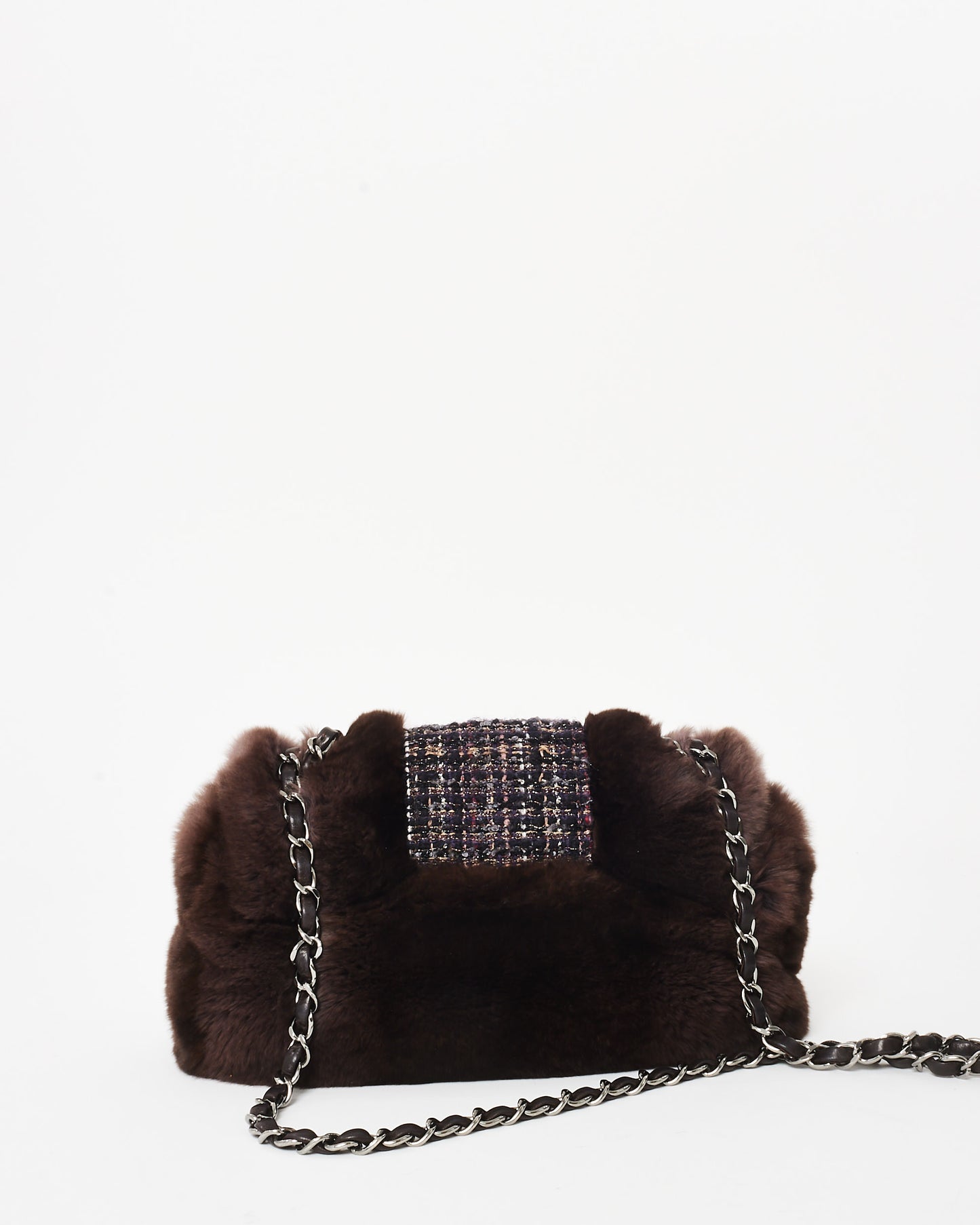 Chanel Brown Chinchilla Fur & Navy Multi Tweed Flap Bag SHW