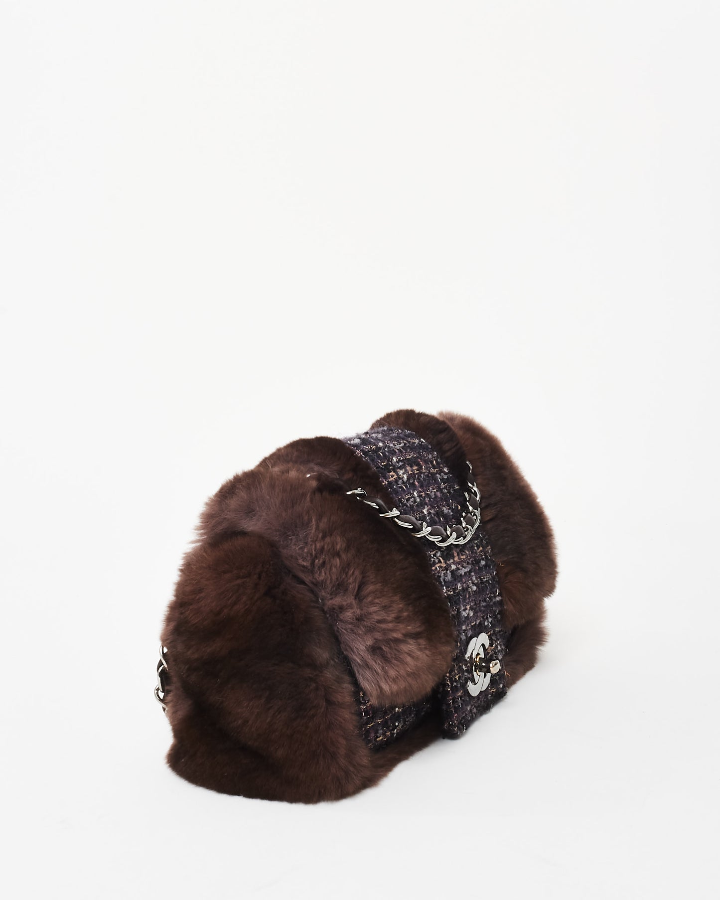 Chanel Brown Chinchilla Fur & Navy Multi Tweed Flap Bag SHW