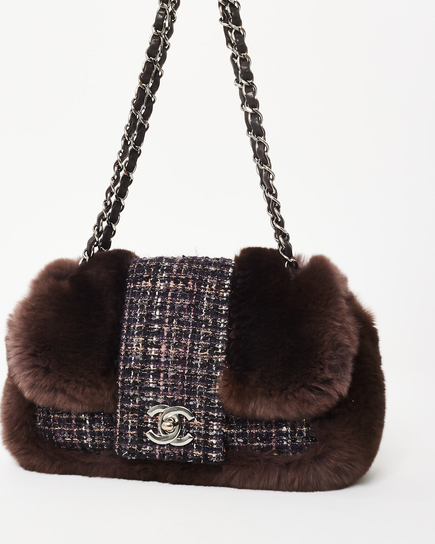 Chanel Brown Chinchilla Fur & Navy Multi Tweed Flap Bag SHW